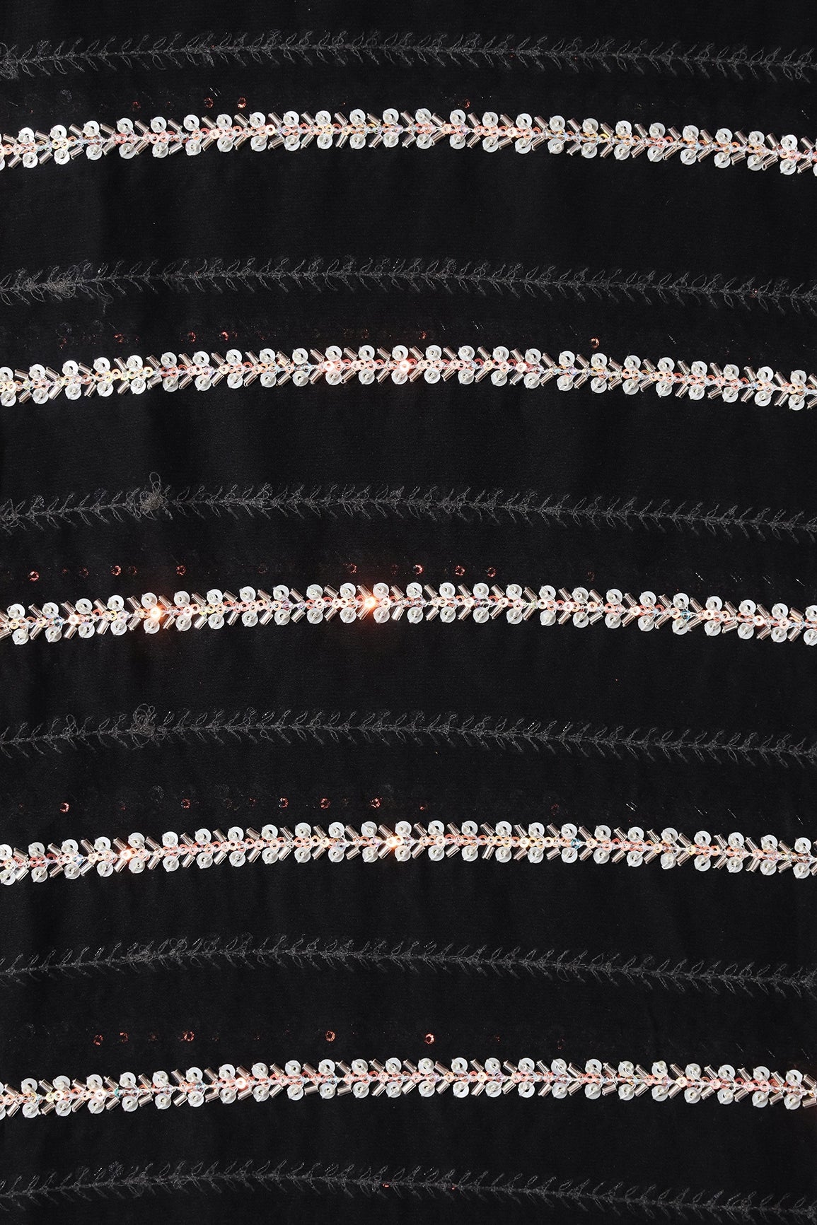 Silver Beads With Sequins Beautiful Stripes Handwork Embroidery On Black Viscose Georgette Fabric - doeraa