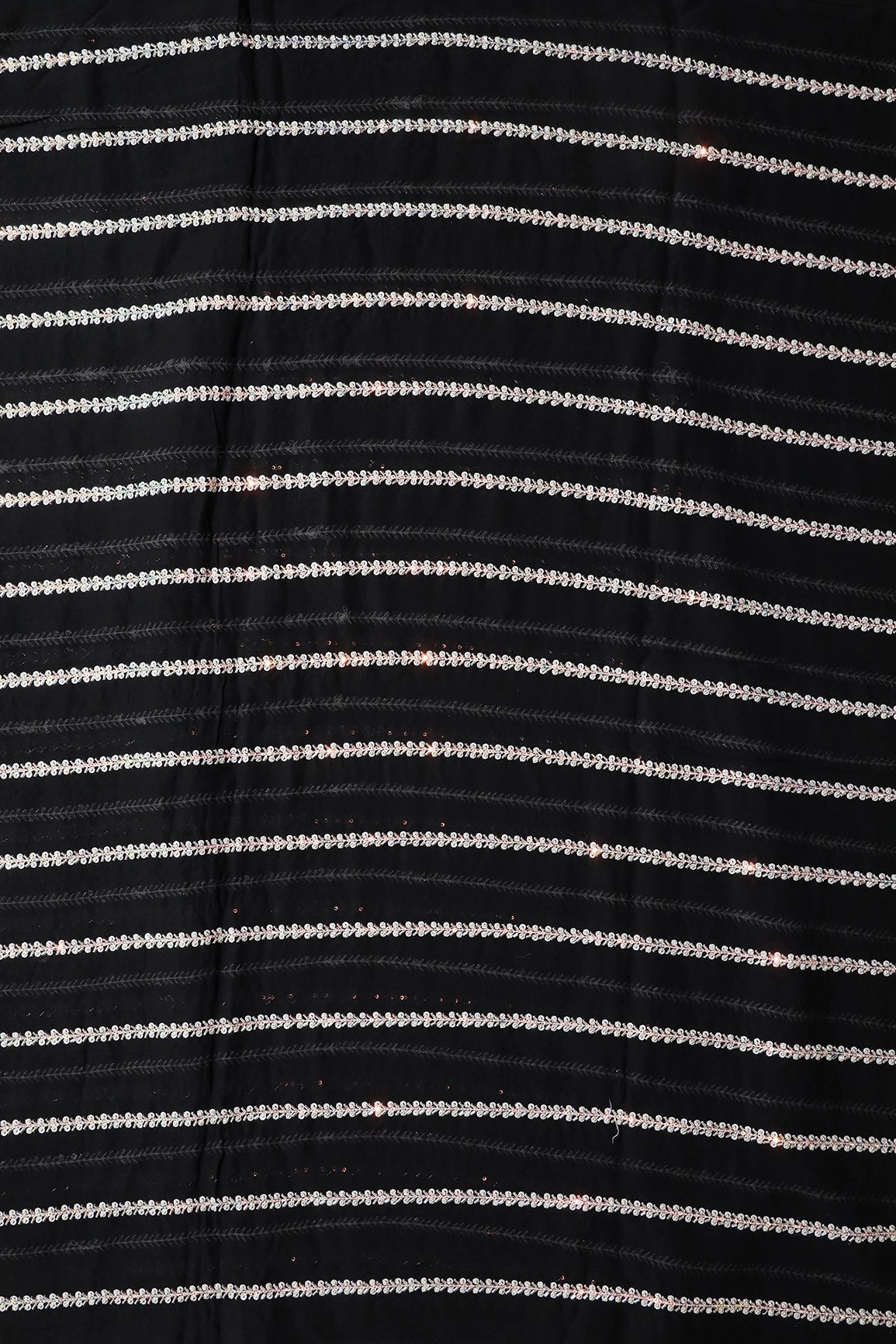 Silver Beads With Sequins Beautiful Stripes Handwork Embroidery On Black Viscose Georgette Fabric - doeraa