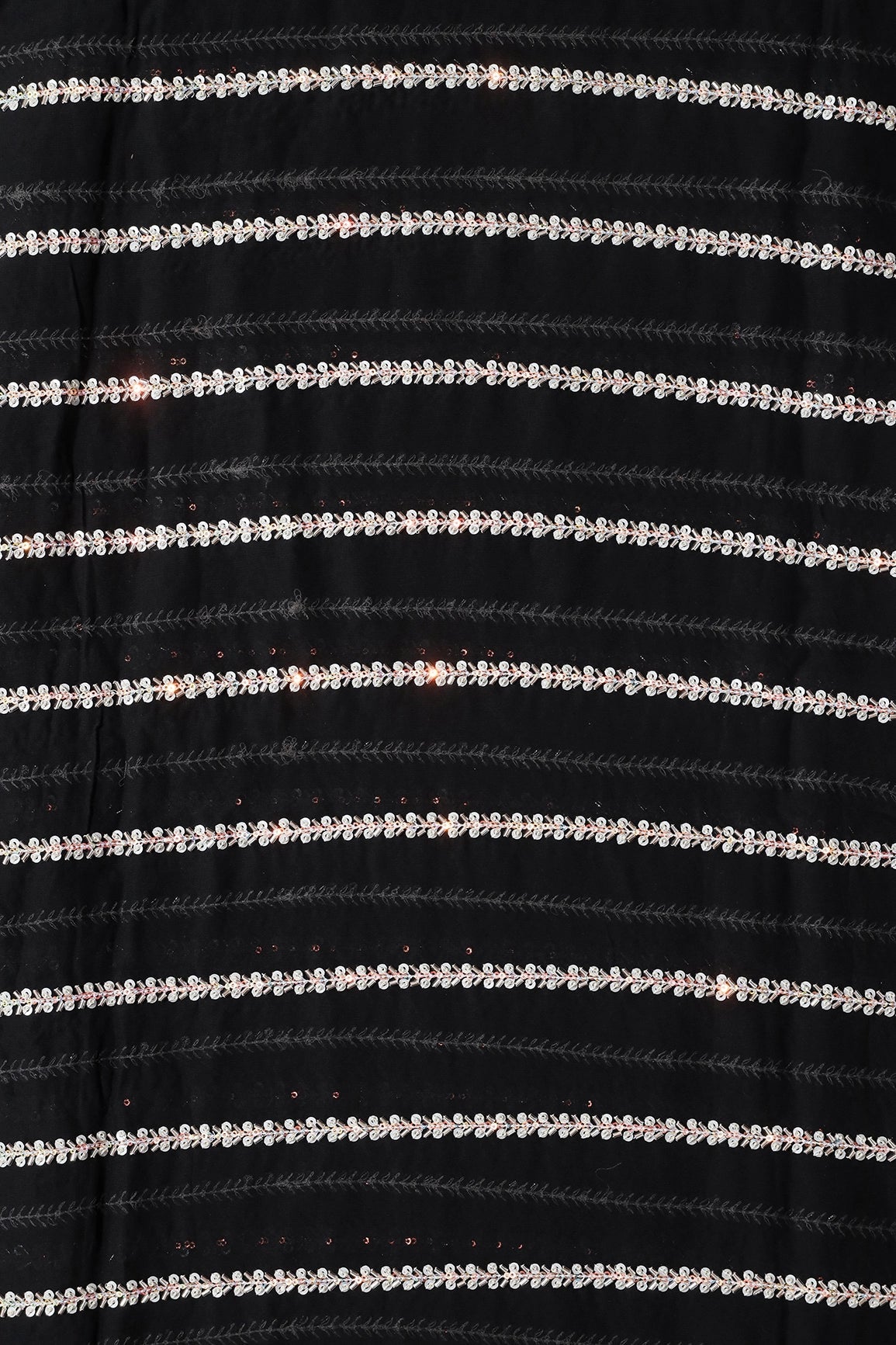 Silver Beads With Sequins Beautiful Stripes Handwork Embroidery On Black Viscose Georgette Fabric - doeraa