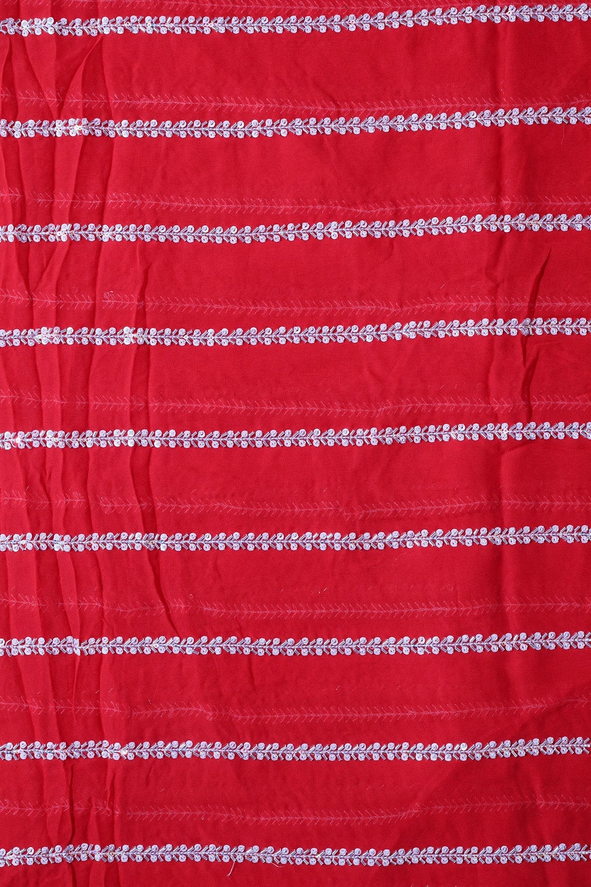 Silver Beads With Sequins Beautiful Stripes Handwork Embroidery On Red Viscose Georgette Fabric - doeraa