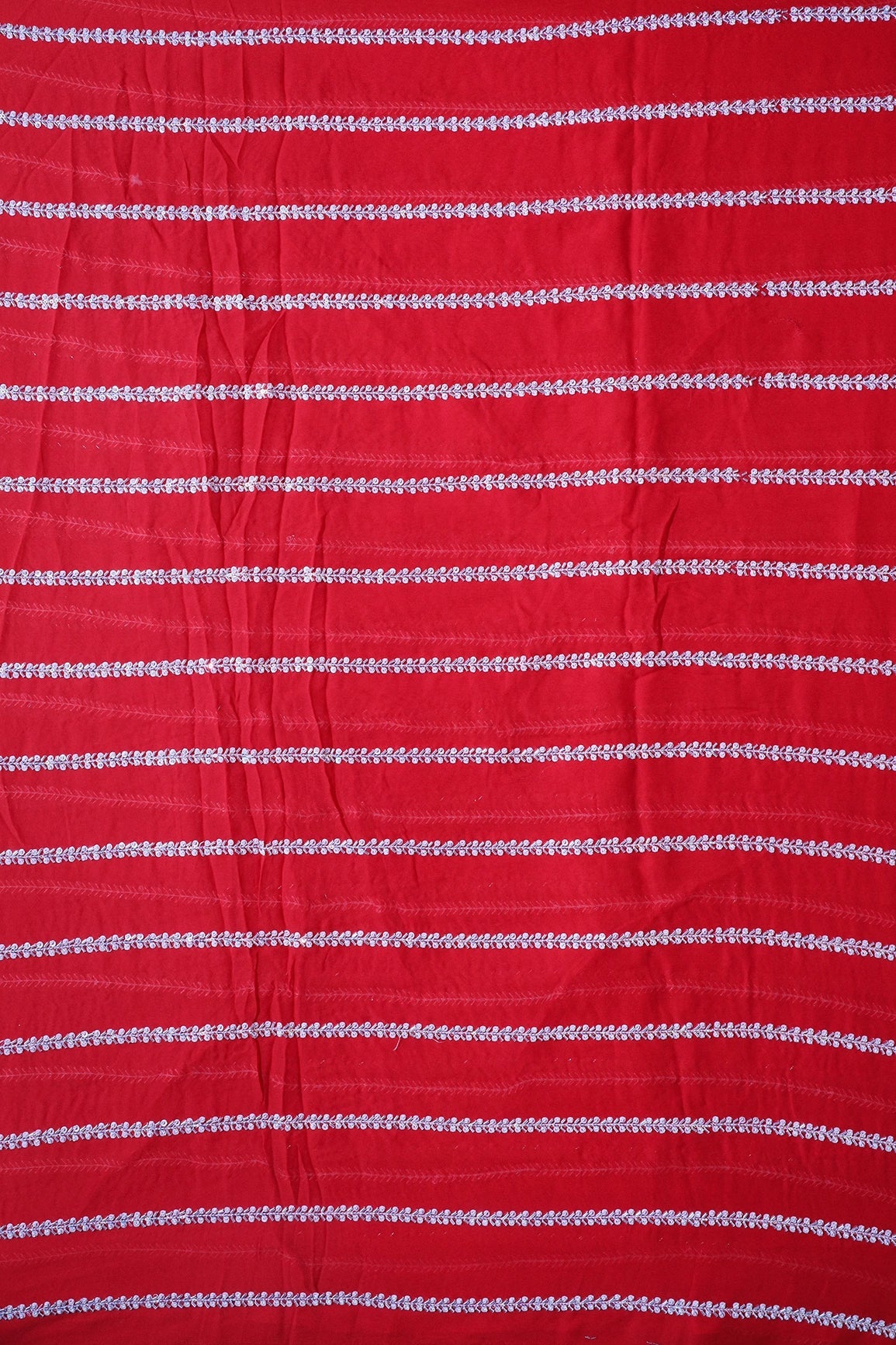 Silver Beads With Sequins Beautiful Stripes Handwork Embroidery On Red Viscose Georgette Fabric - doeraa