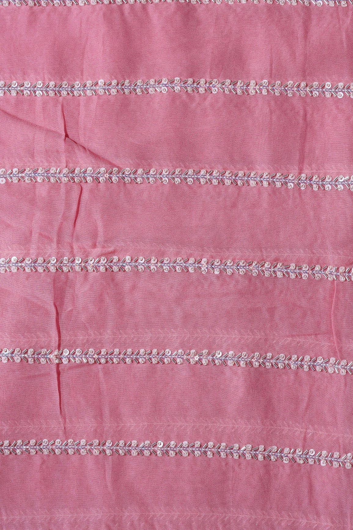 Silver Beads With Sequins Beautiful Stripes Handwork Embroidery On Thulian Pink Viscose Georgette Fabric - doeraa