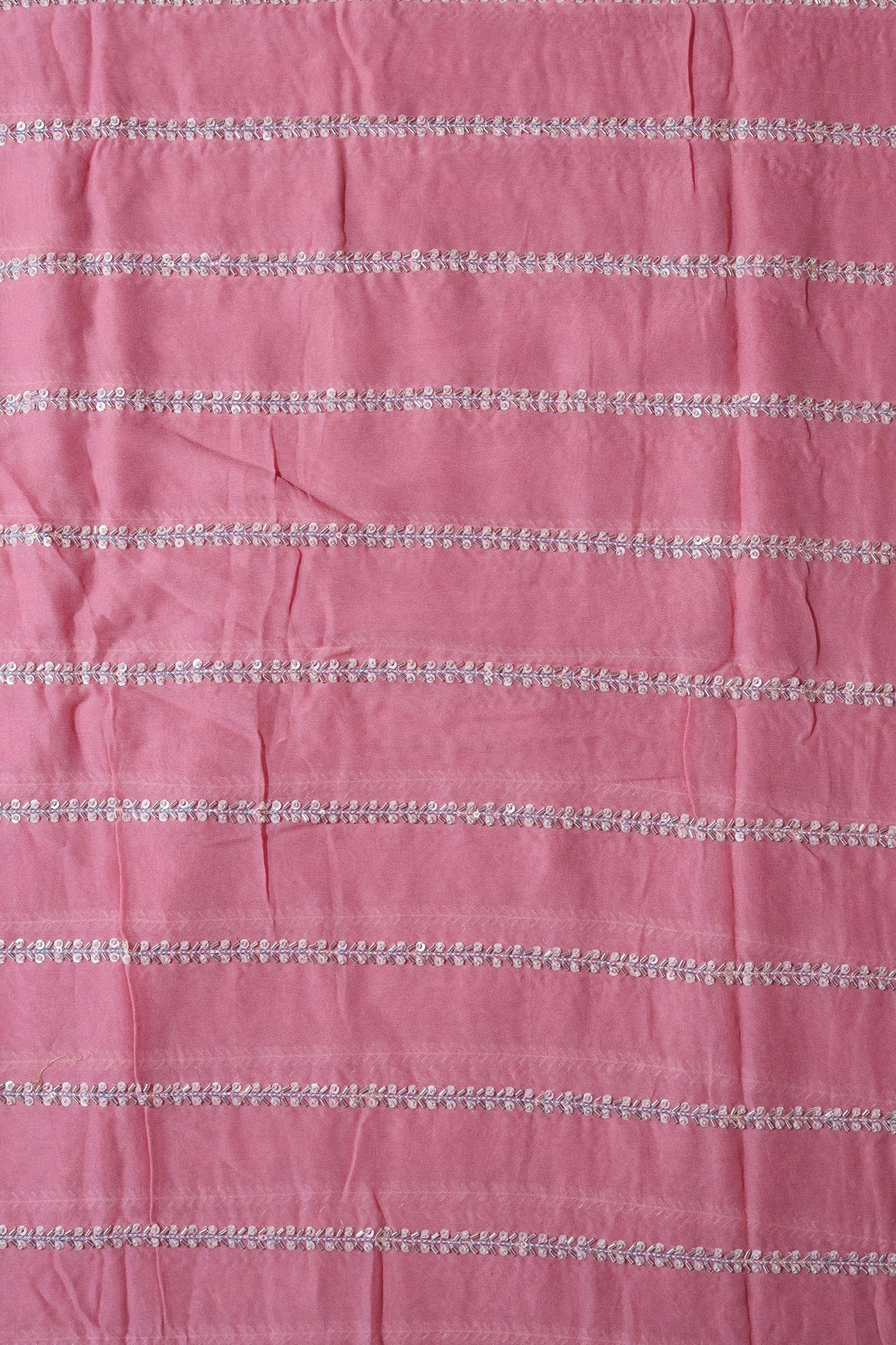 Silver Beads With Sequins Beautiful Stripes Handwork Embroidery On Thulian Pink Viscose Georgette Fabric - doeraa