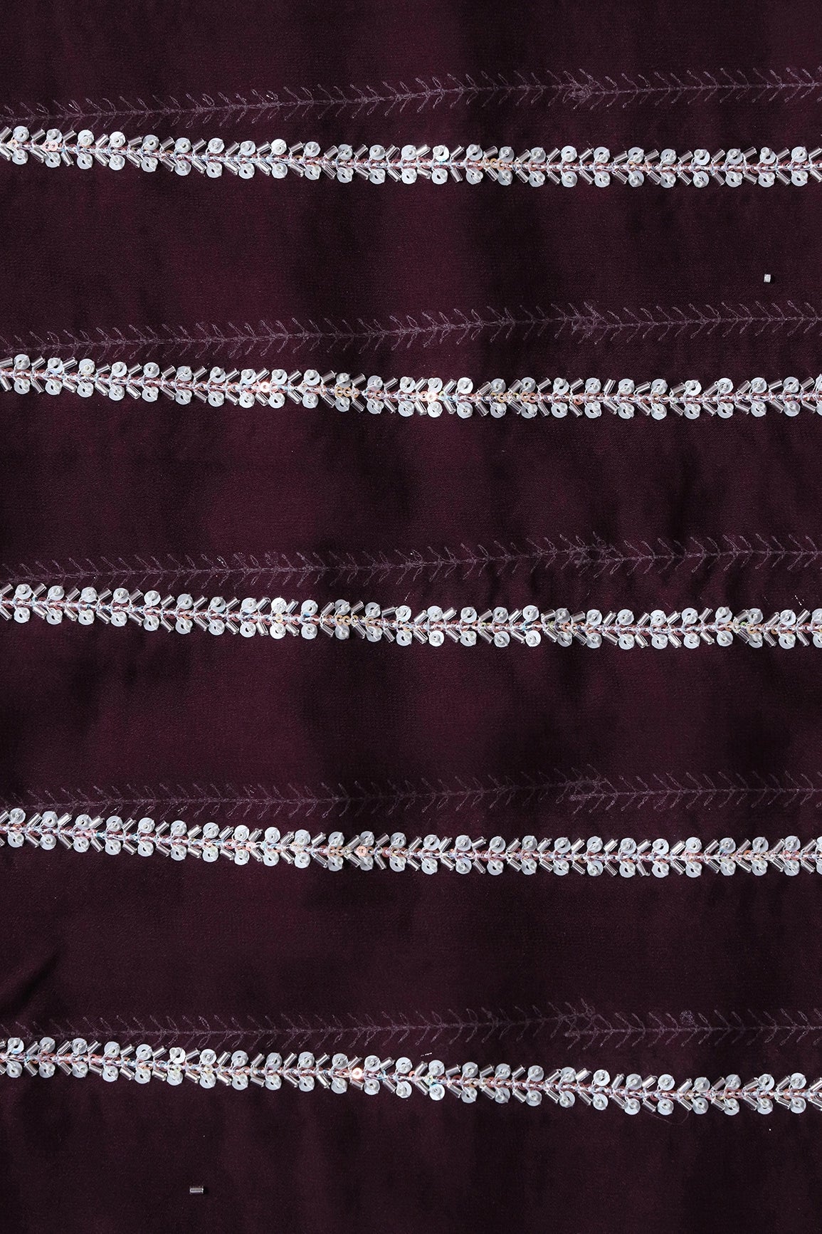 Silver Beads With Sequins Beautiful Stripes Handwork Embroidery On Wine Viscose Georgette Fabric - doeraa