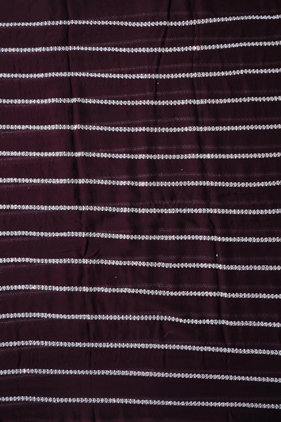 Silver Beads With Sequins Beautiful Stripes Handwork Embroidery On Wine Viscose Georgette Fabric - doeraa