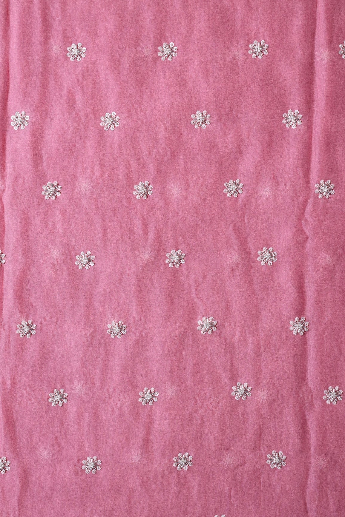 Silver Beads With Sequins Small Floral Handwork Embroidery On Thulian Pink Viscose Georgette Fabric - doeraa