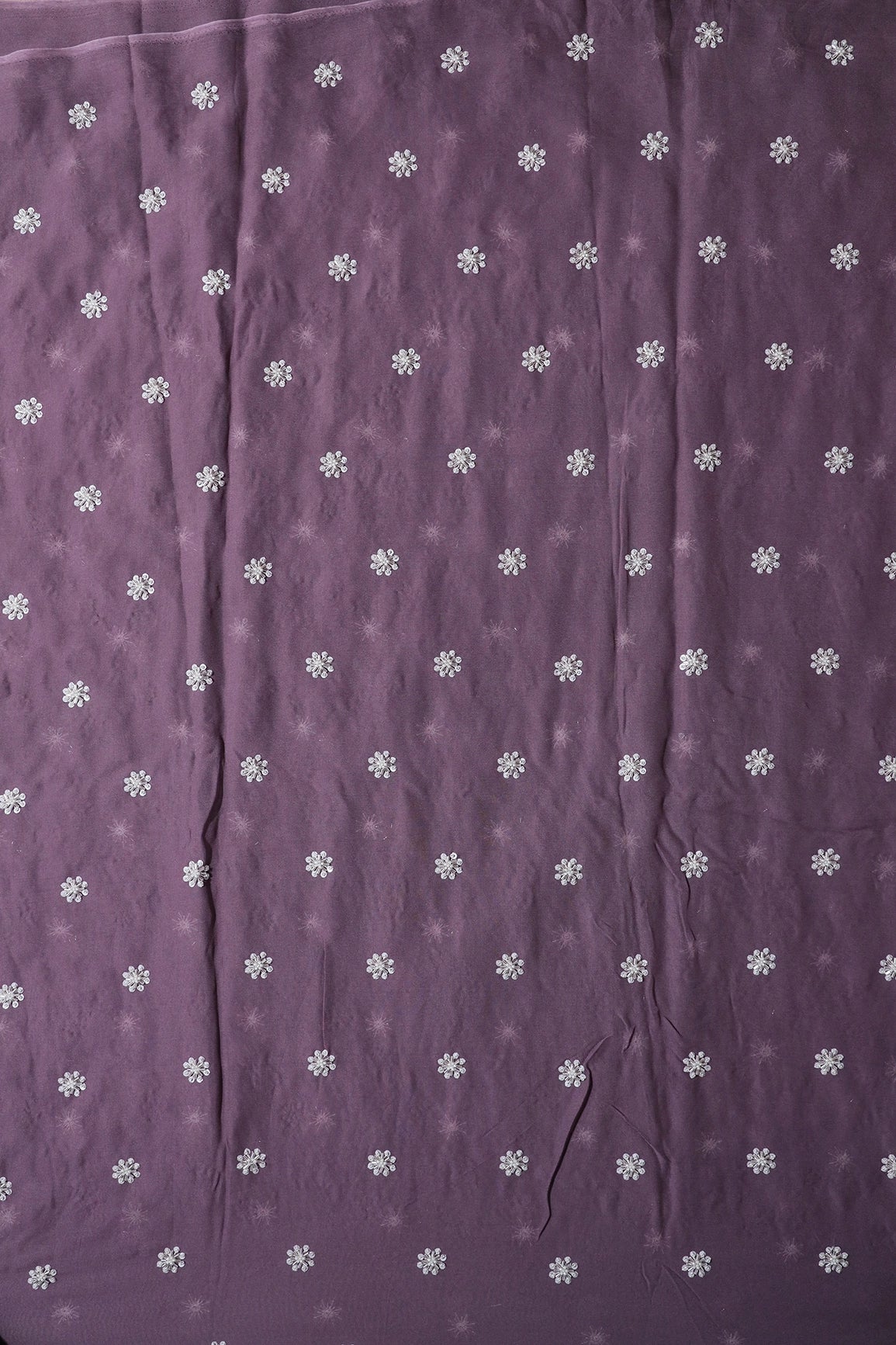 Silver Beads With Sequins Small Floral Handwork Embroidery On Viola Purple Viscose Georgette Fabric - doeraa