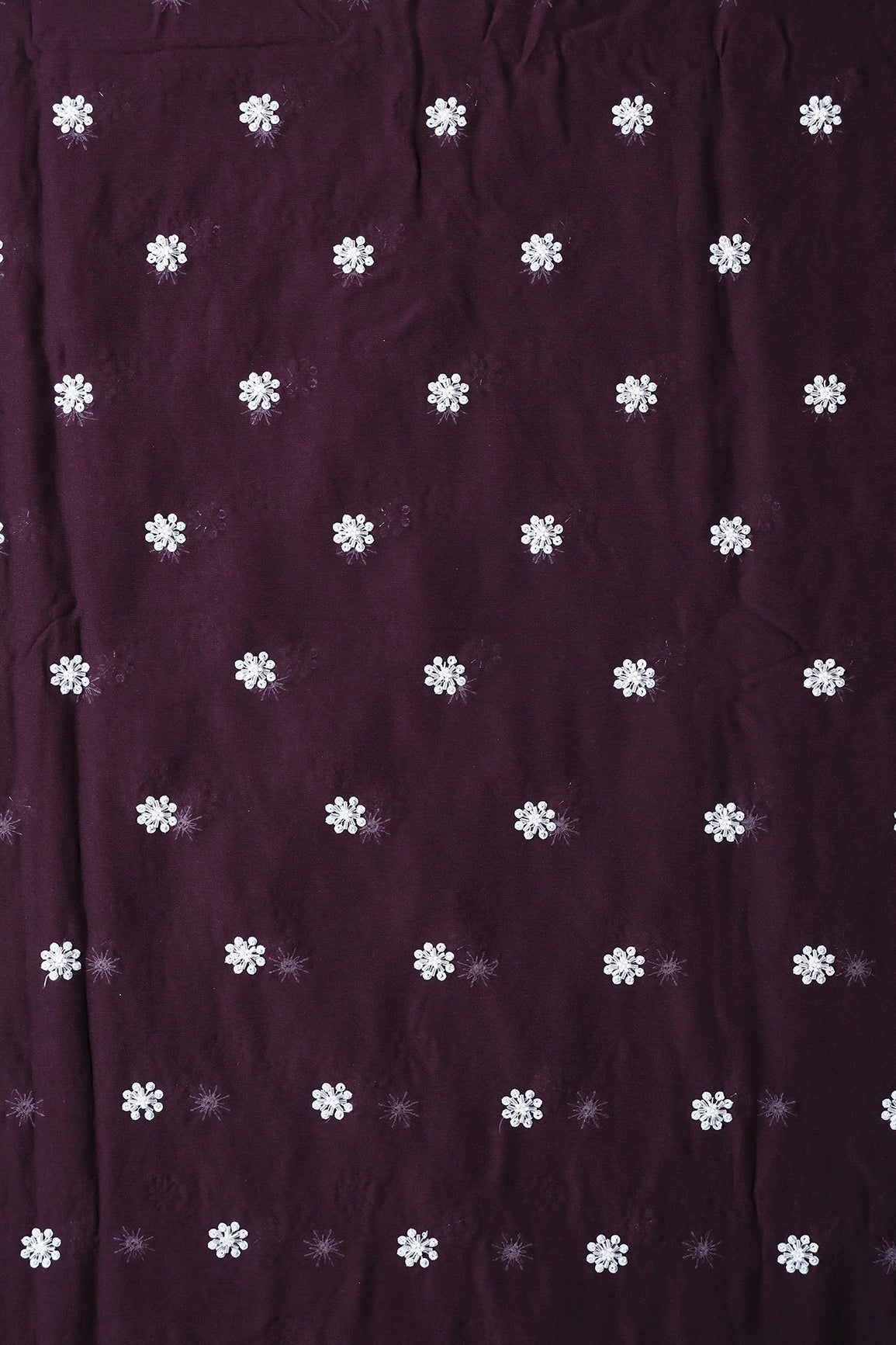 Silver Beads With Sequins Small Floral Handwork Embroidery On Wine Viscose Georgette Fabric - doeraa