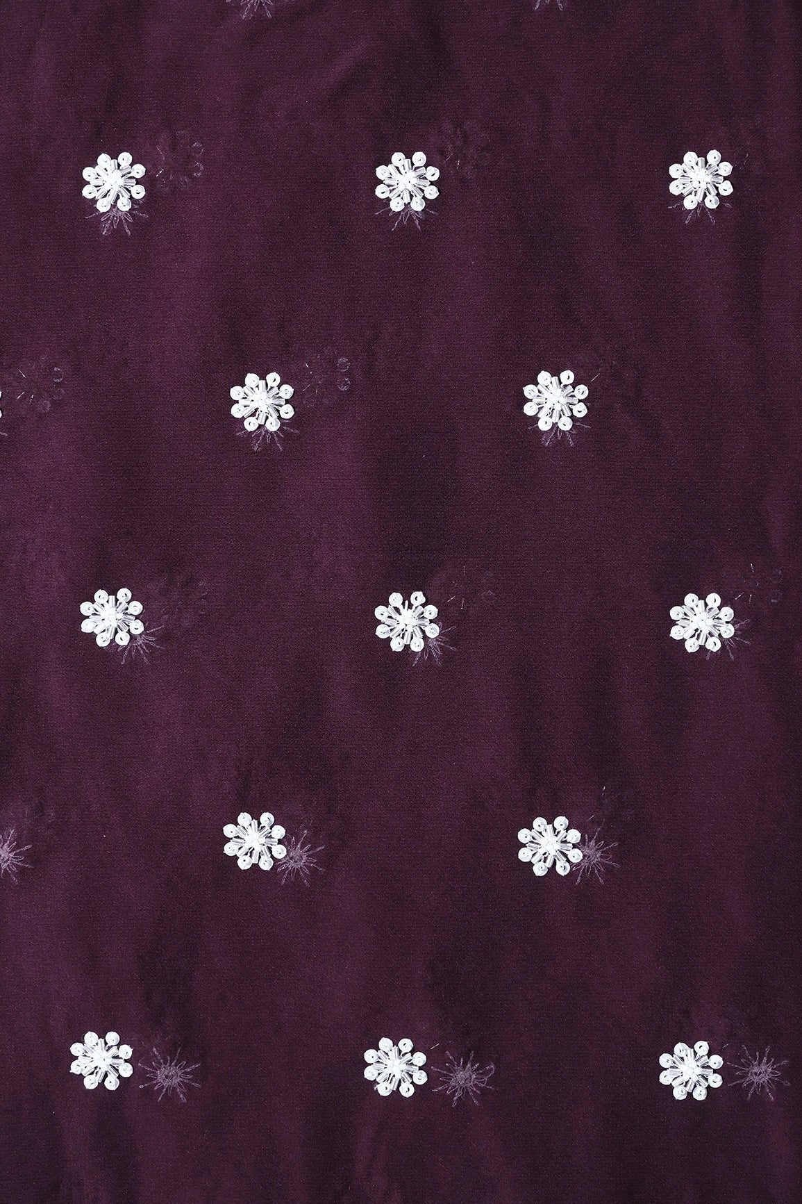 Silver Beads With Sequins Small Floral Handwork Embroidery On Wine Viscose Georgette Fabric - doeraa