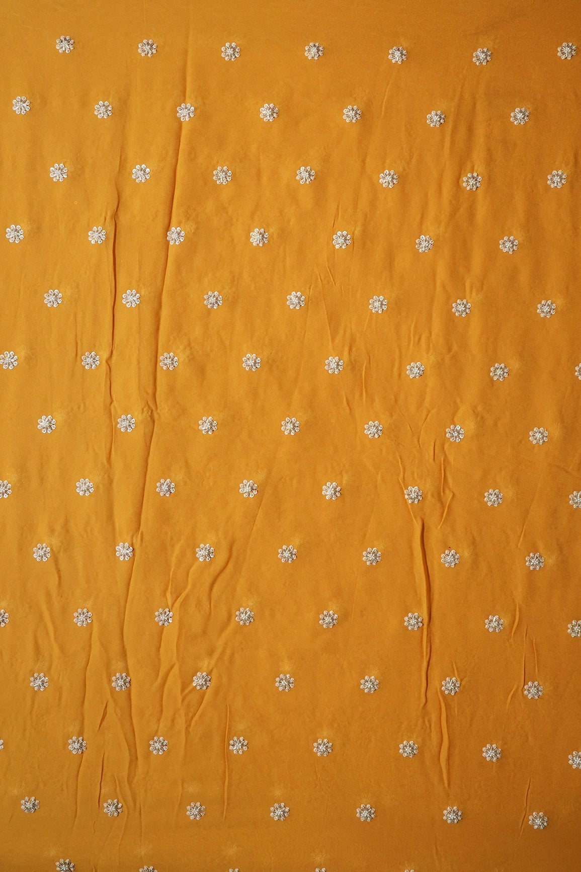 Silver Beads With Sequins Small Floral Handwork Embroidery On Yellow Viscose Georgette Fabric - doeraa