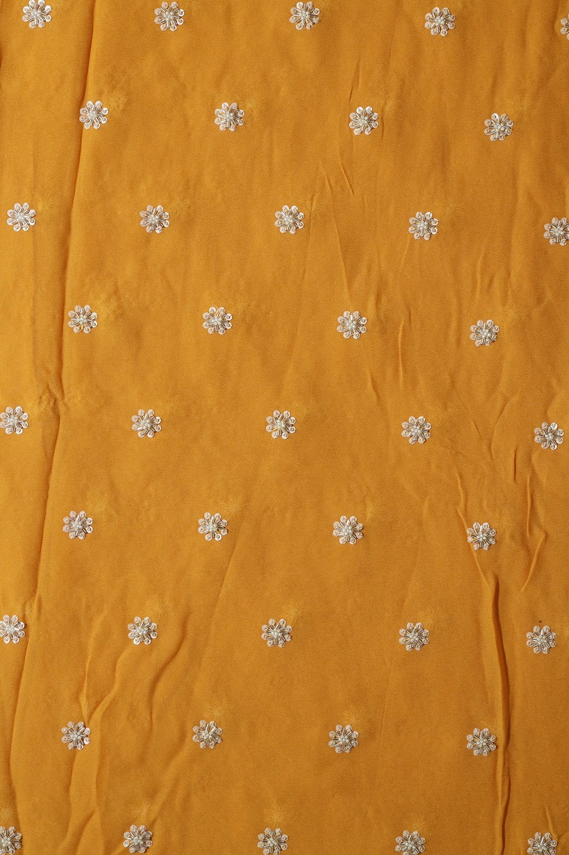 Silver Beads With Sequins Small Floral Handwork Embroidery On Yellow Viscose Georgette Fabric - doeraa