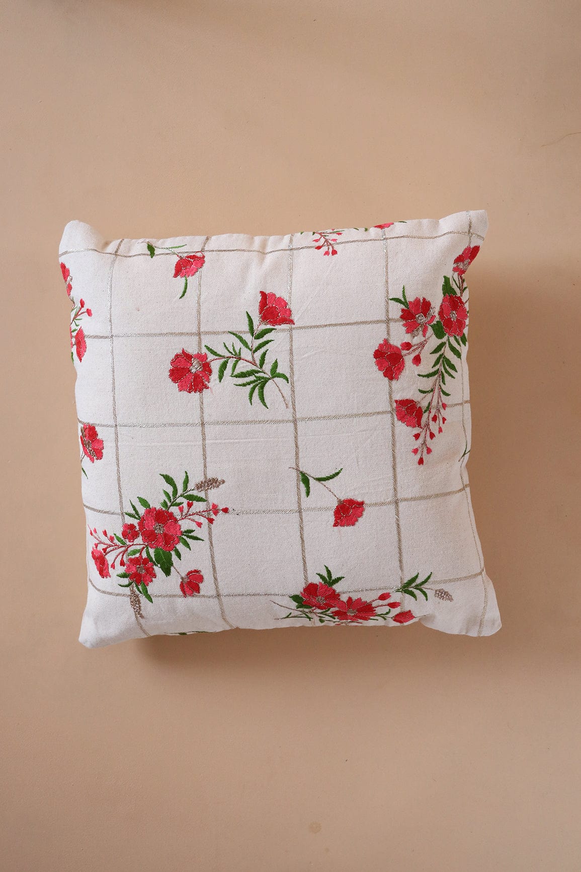 Silver checks & Floral Pattern Embroidery on off white cotton Cushion Cover (16*16 inches) - doeraa