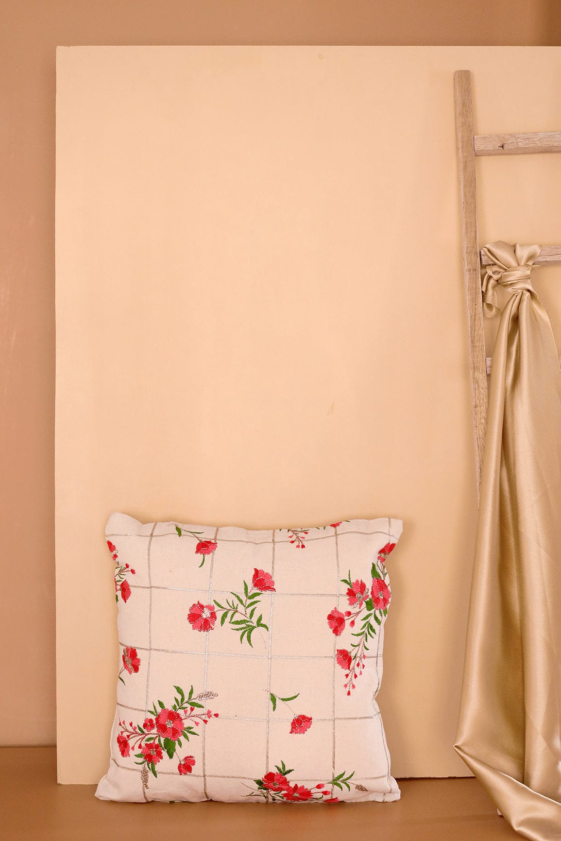 Silver checks & Floral Pattern Embroidery on off white cotton Cushion Cover (16*16 inches) - doeraa