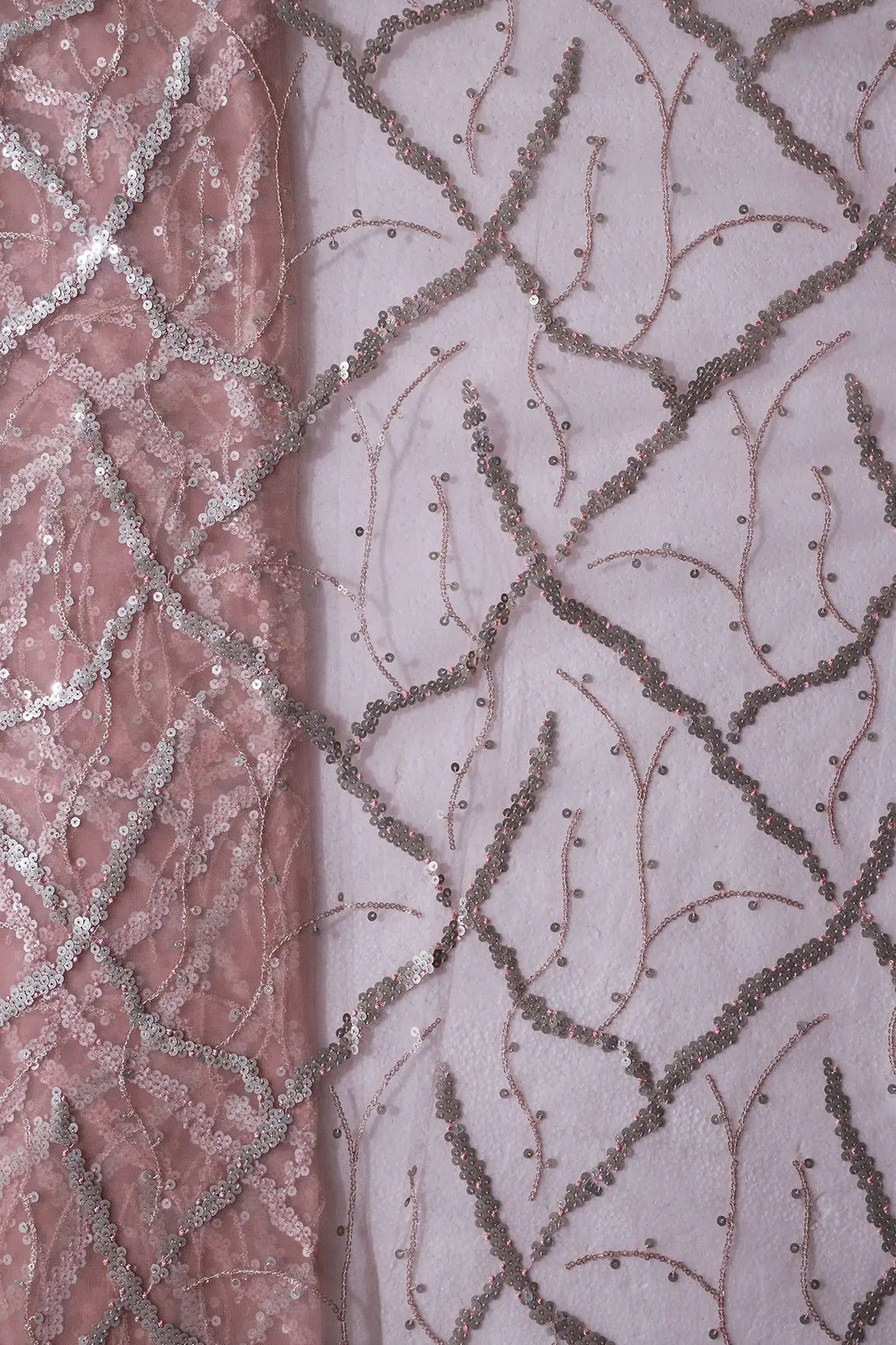 Silver Sequins Geometric Embroidery On Pink Soft Net Fabric - doeraa