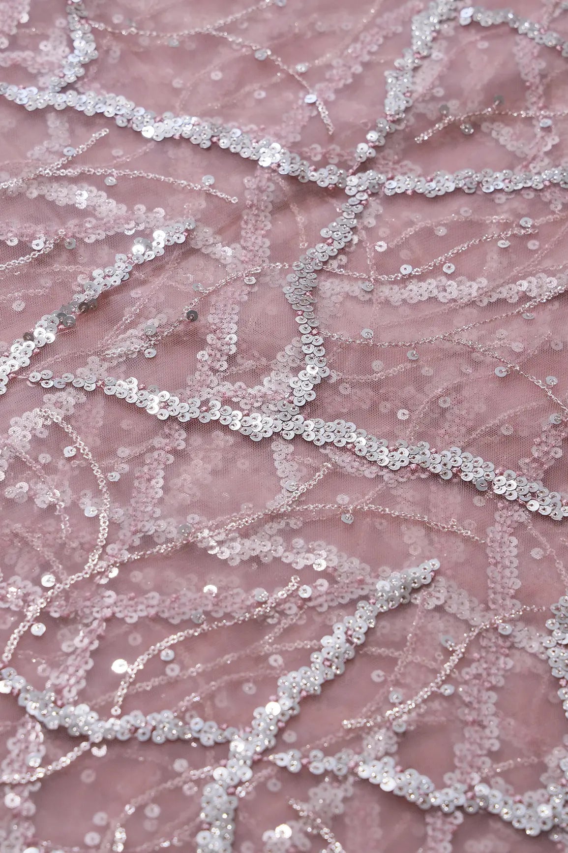 Silver Sequins Geometric Embroidery On Pink Soft Net Fabric - doeraa