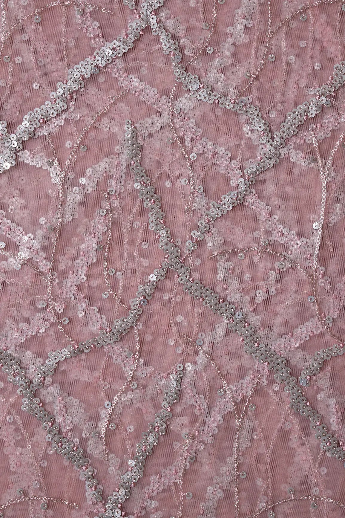Silver Sequins Geometric Embroidery On Pink Soft Net Fabric - doeraa