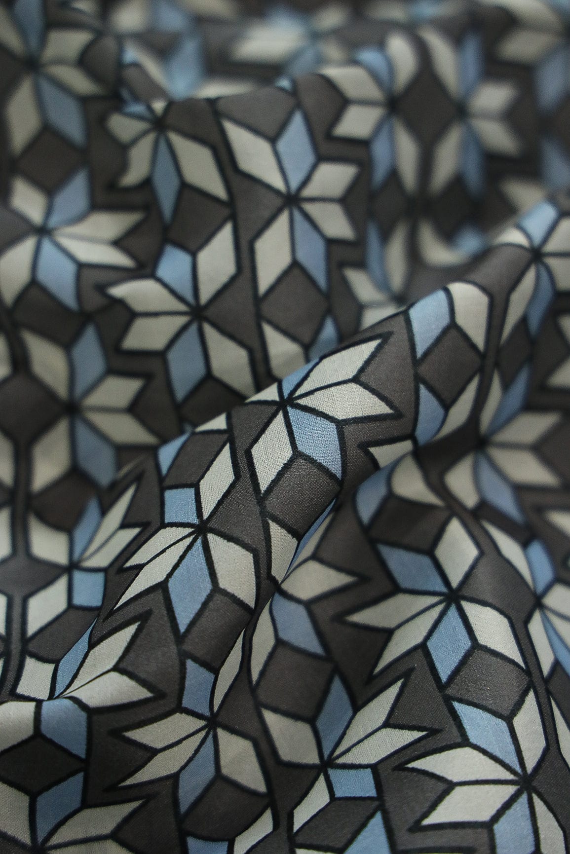 Sky Blue and Grey Geometric Digital Print on Tussar Satin Fabric - doeraa