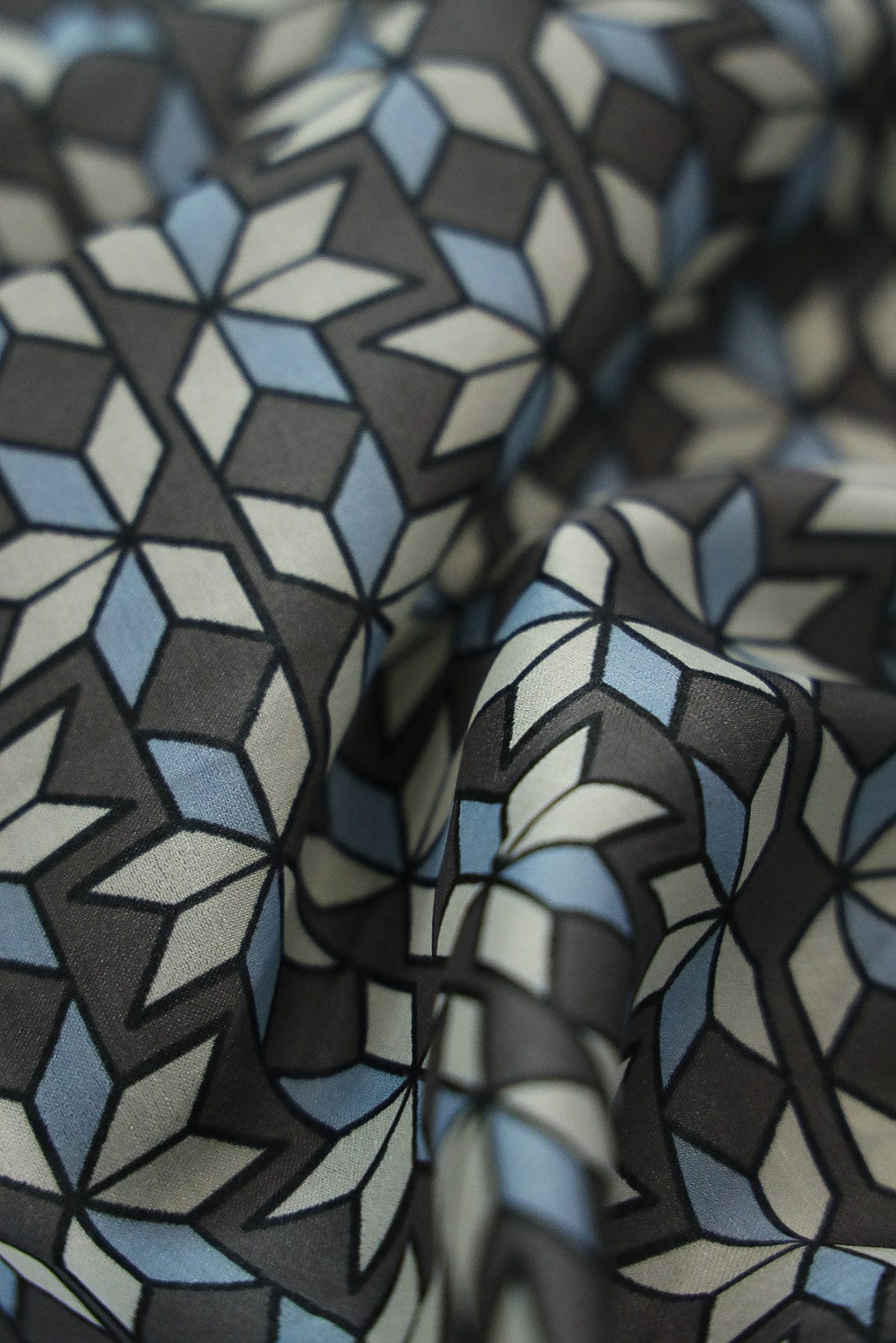 Sky Blue and Grey Geometric Digital Print on Tussar Satin Fabric - doeraa