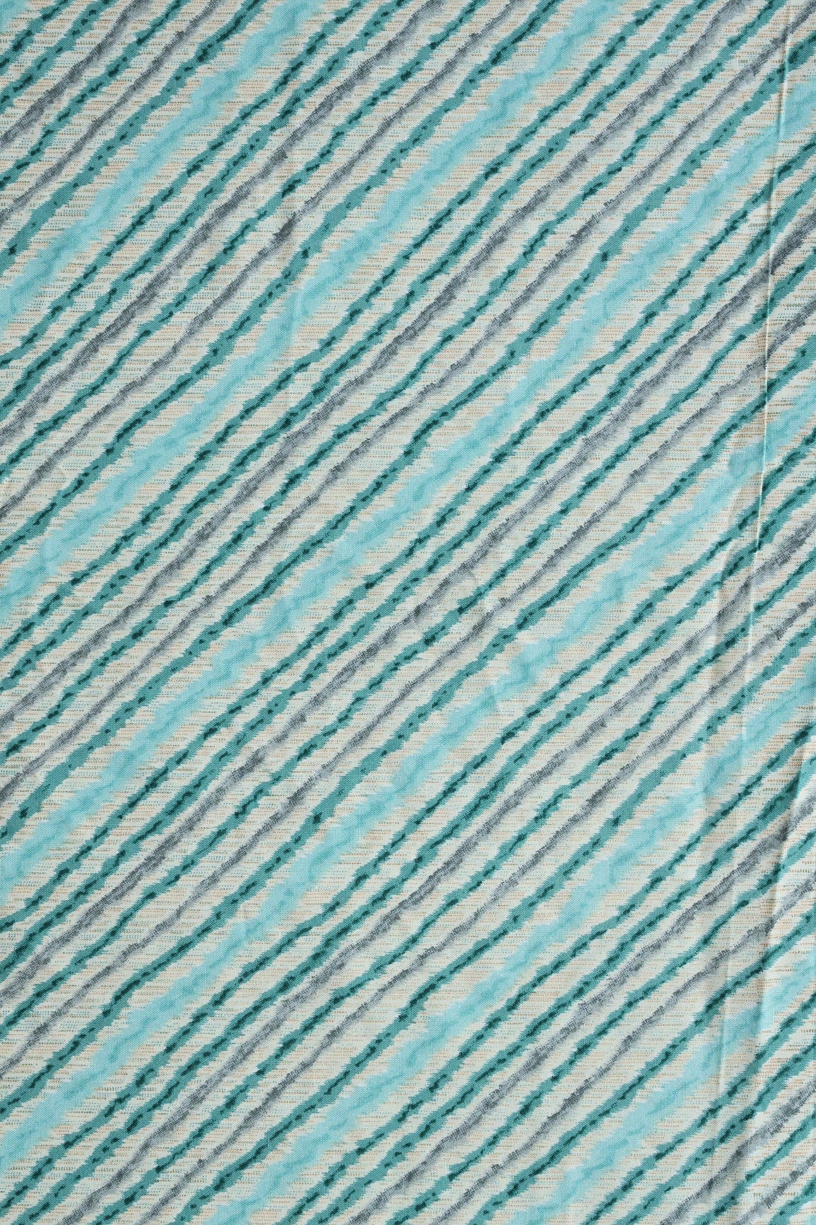 Sky Blue And Grey Stripes Pattern Print On Off White Pure Rayon Fabric - doeraa