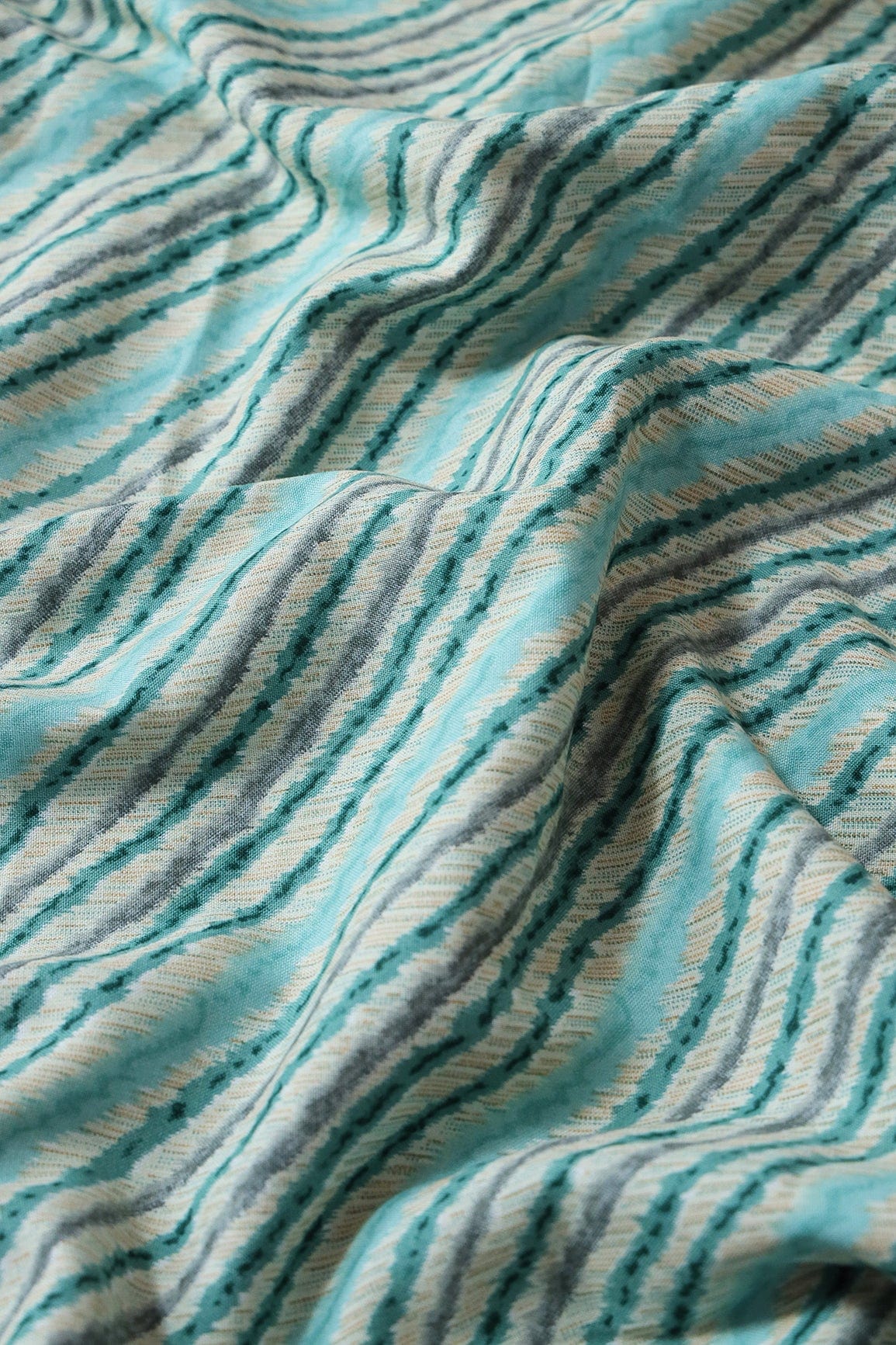 Sky Blue And Grey Stripes Pattern Print On Off White Pure Rayon Fabric - doeraa