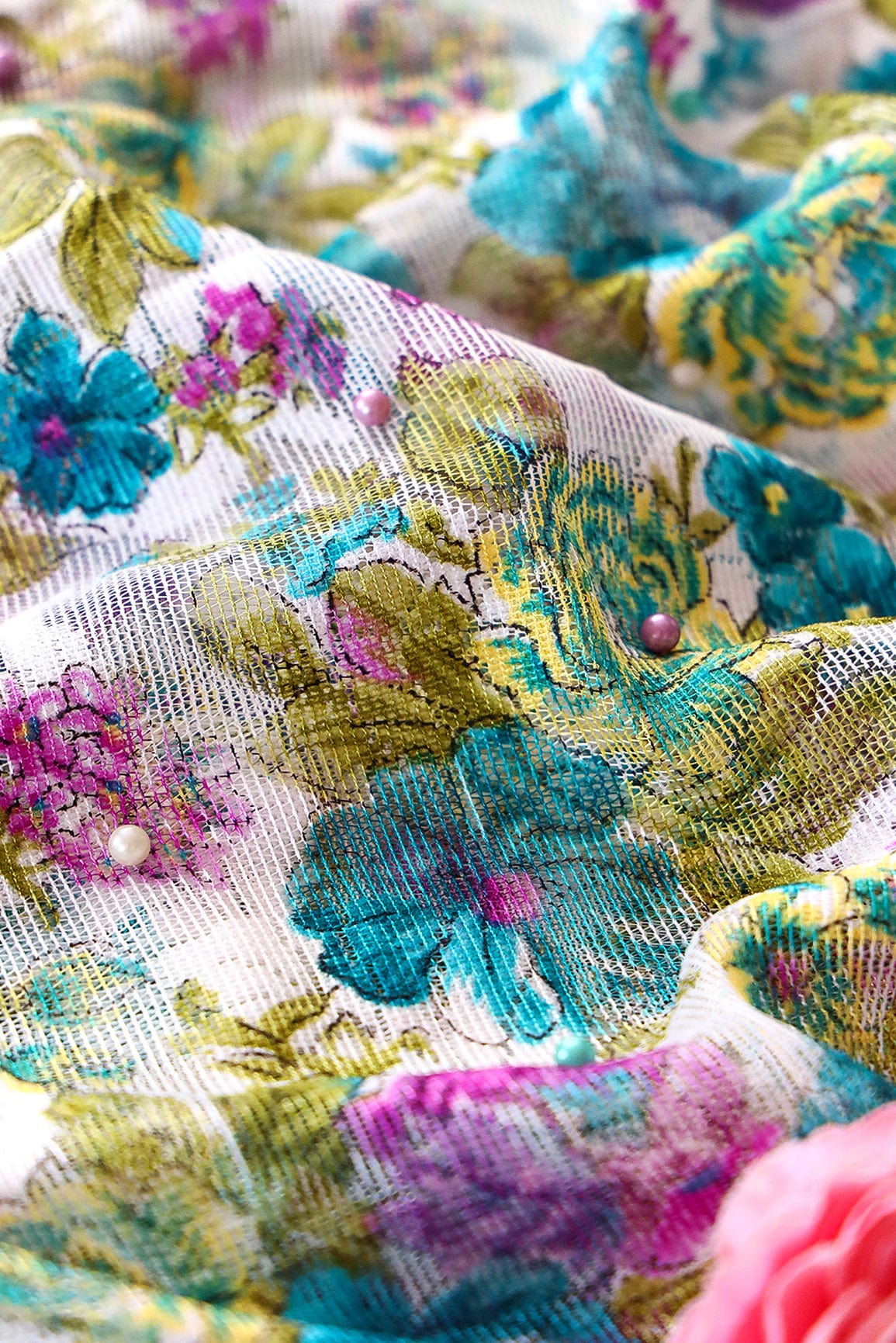 Sky Blue And Rani Floral Digital Print With Pearls On Net Fabric - doeraa