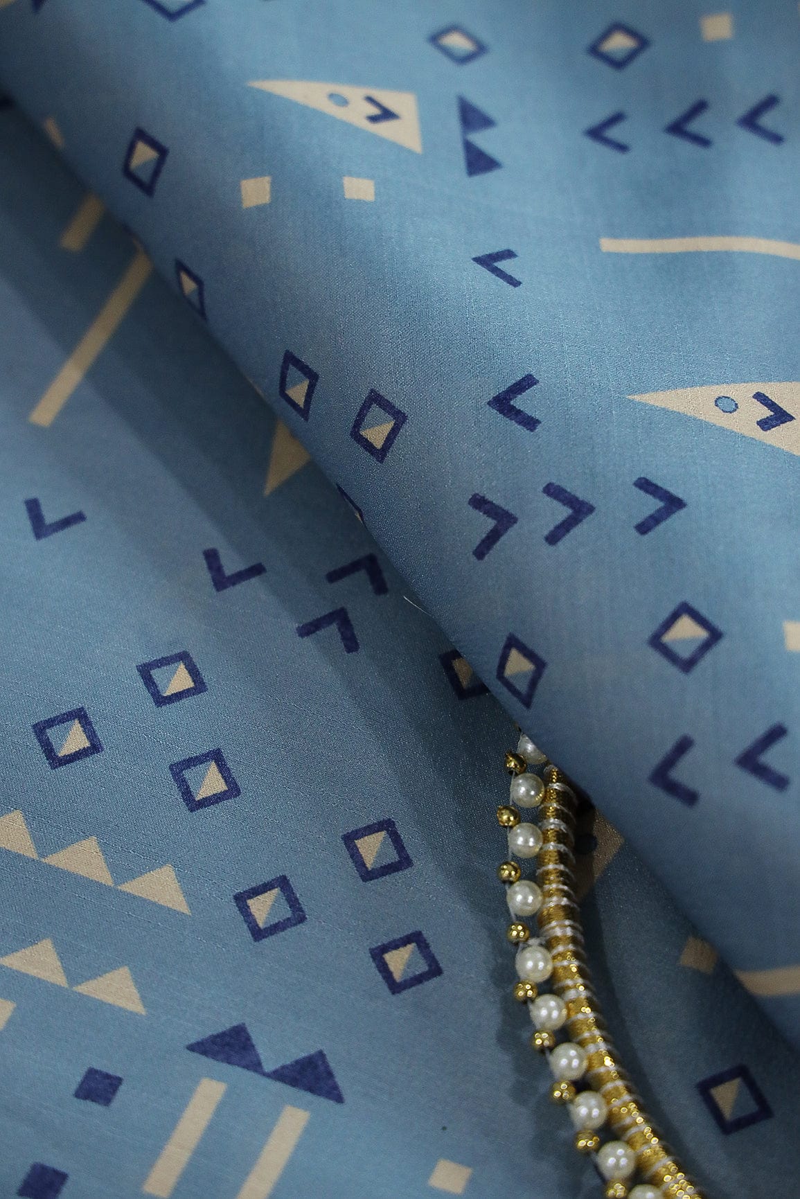 Sky Blue Geometric Digital Print on Tussar Satin Fabric - doeraa