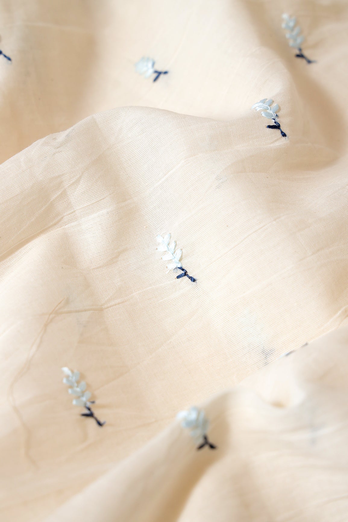 Sky Blue Small Leafy Embroidery On Off White Pure Cotton Fabric - doeraa