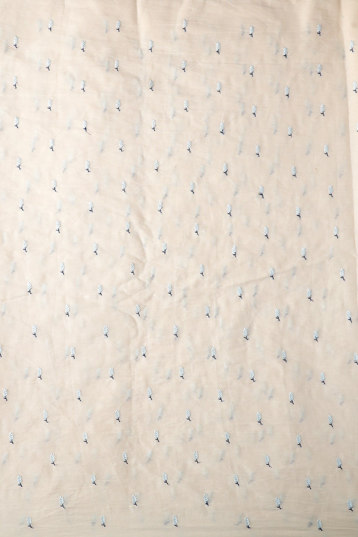 Sky Blue Small Leafy Embroidery On Off White Pure Cotton Fabric - doeraa