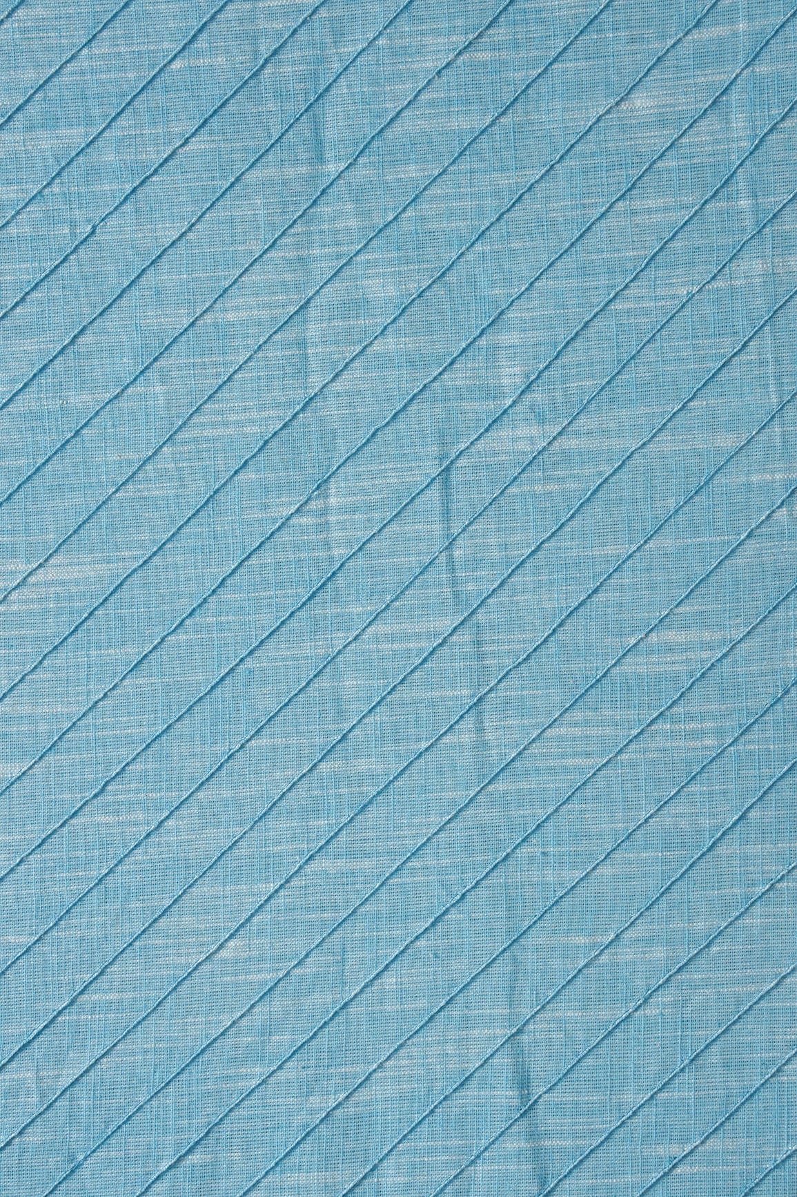 Sky Blue Stripes Pintucks Plain Cotton Fabric - doeraa