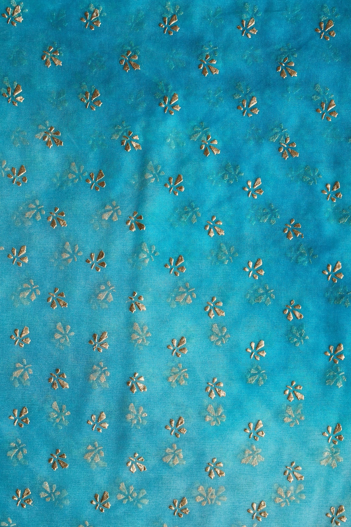 Sky Tie & Dye Shibori Small Floral Motif Foil Print On Organza Fabric - doeraa