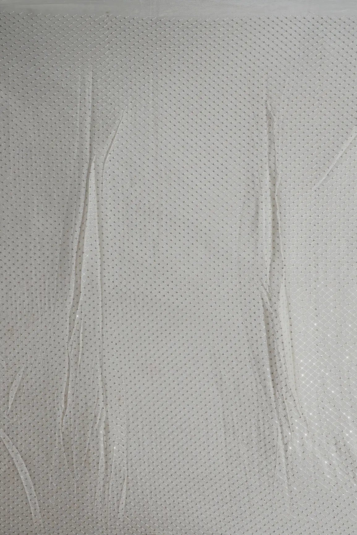 Small Check Gold Sequins Embroidery Work On White Dyeable Chinnon Chiffon Fabric - doeraa