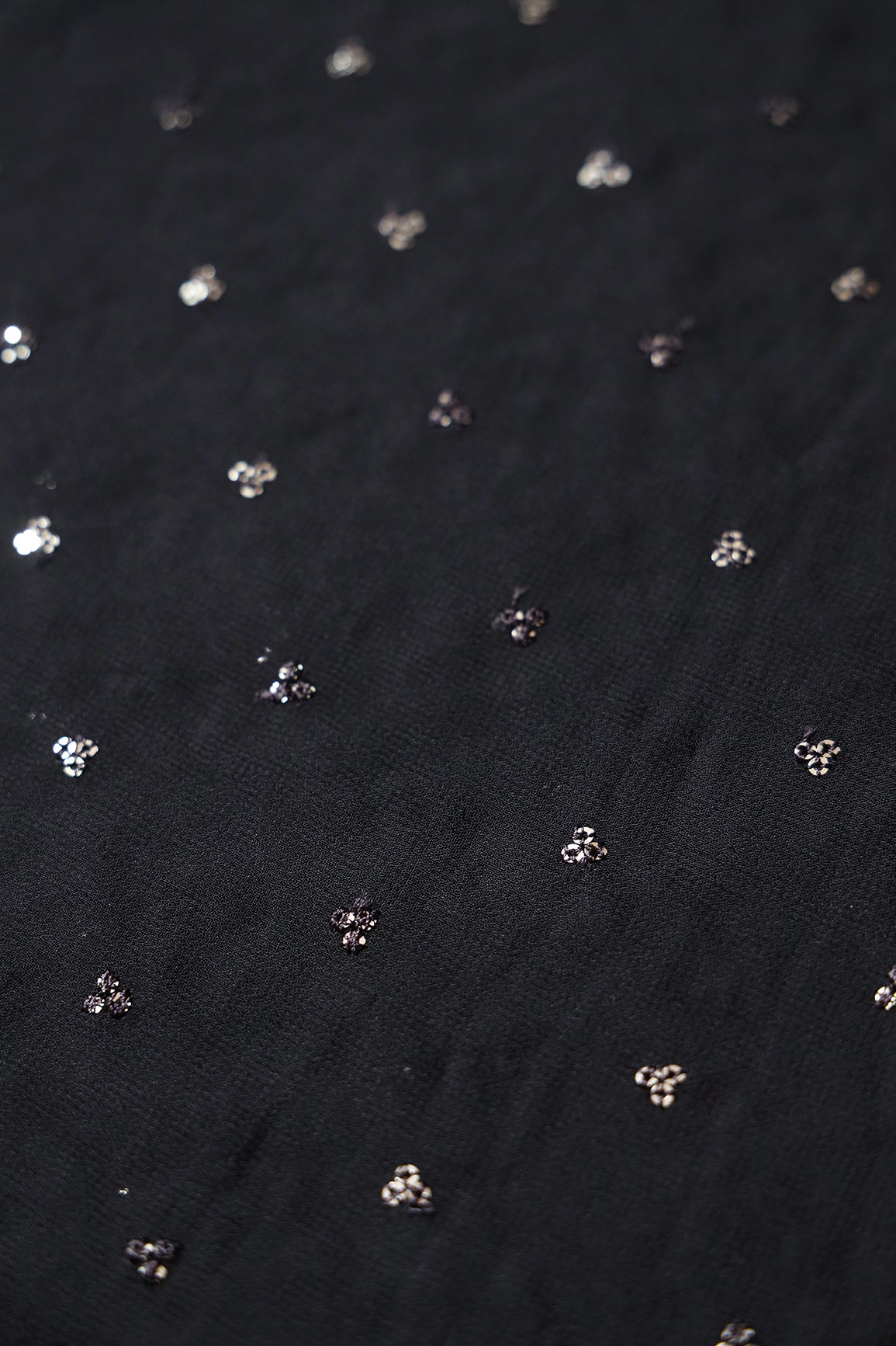 Small Motif Sequins Embroidery On Black Viscose Georgette Fabric - doeraa