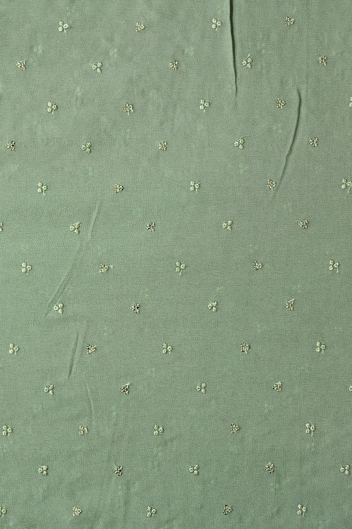 Small Motif Sequins Embroidery On Olive Viscose Georgette Fabric - doeraa