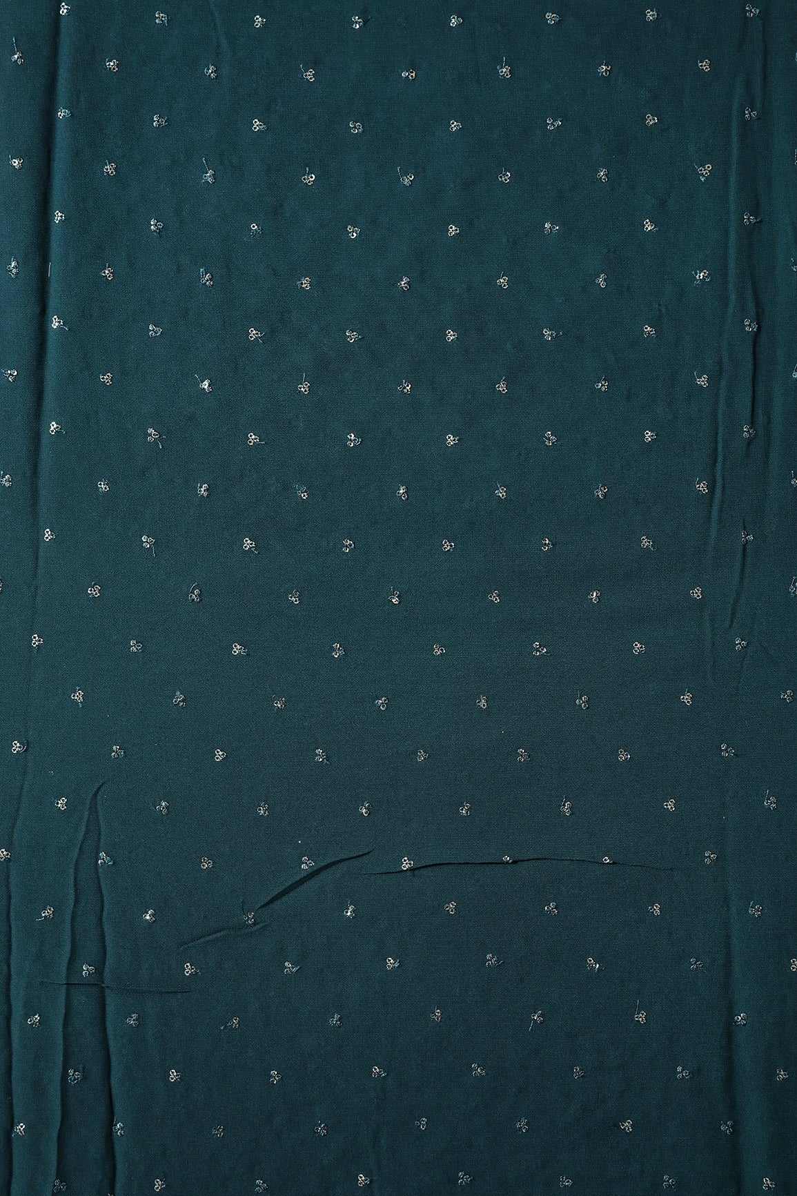 Small Motif Sequins Embroidery On Prussian Blue Viscose Georgette Fabric - doeraa