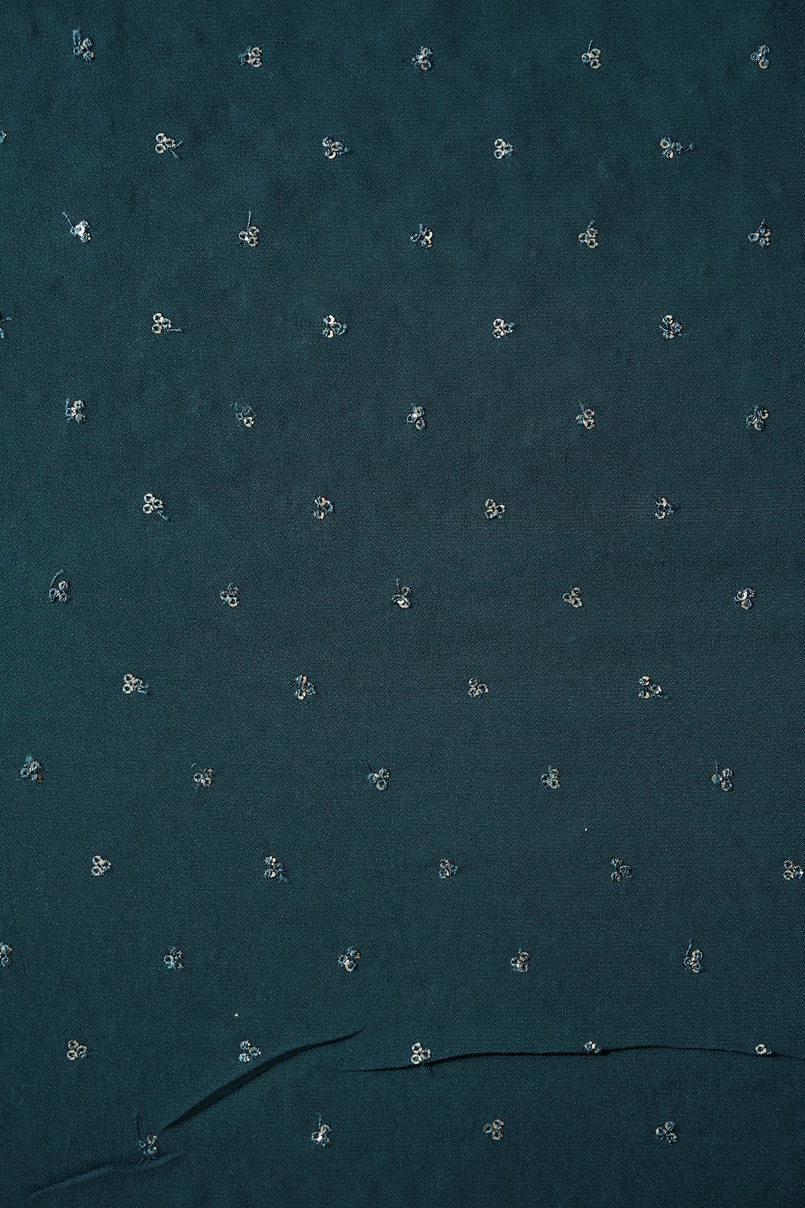 Small Motif Sequins Embroidery On Prussian Blue Viscose Georgette Fabric - doeraa