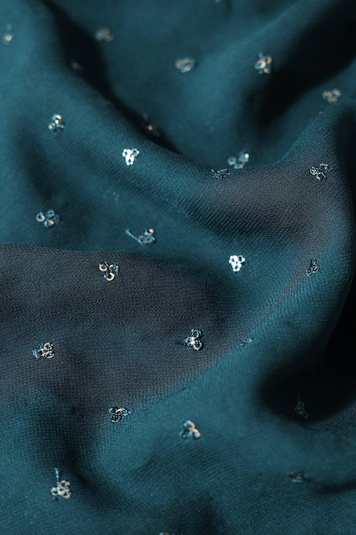 Small Motif Sequins Embroidery On Prussian Blue Viscose Georgette Fabric - doeraa