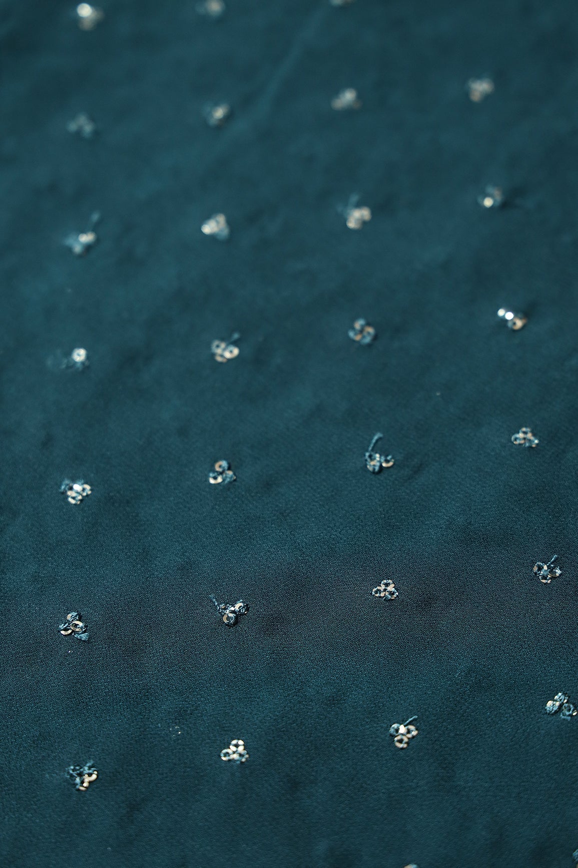 Small Motif Sequins Embroidery On Prussian Blue Viscose Georgette Fabric - doeraa