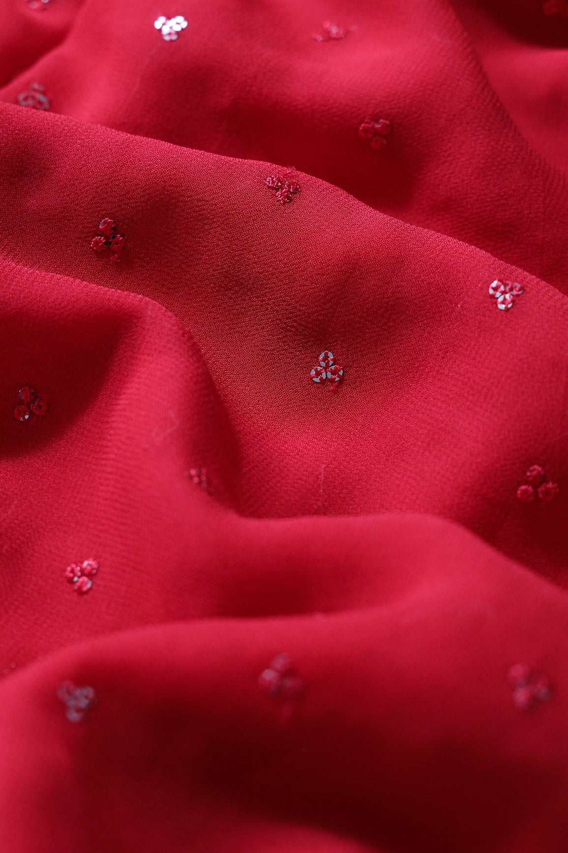 Small Motif Sequins Embroidery On Red Viscose Georgette Fabric - doeraa