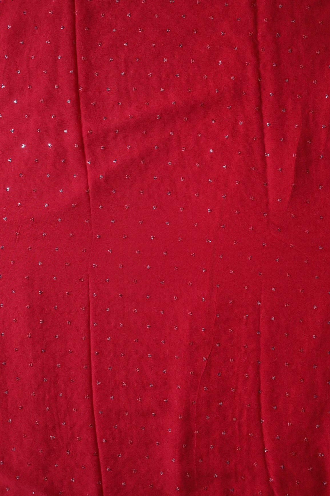 Small Motif Sequins Embroidery On Red Viscose Georgette Fabric - doeraa