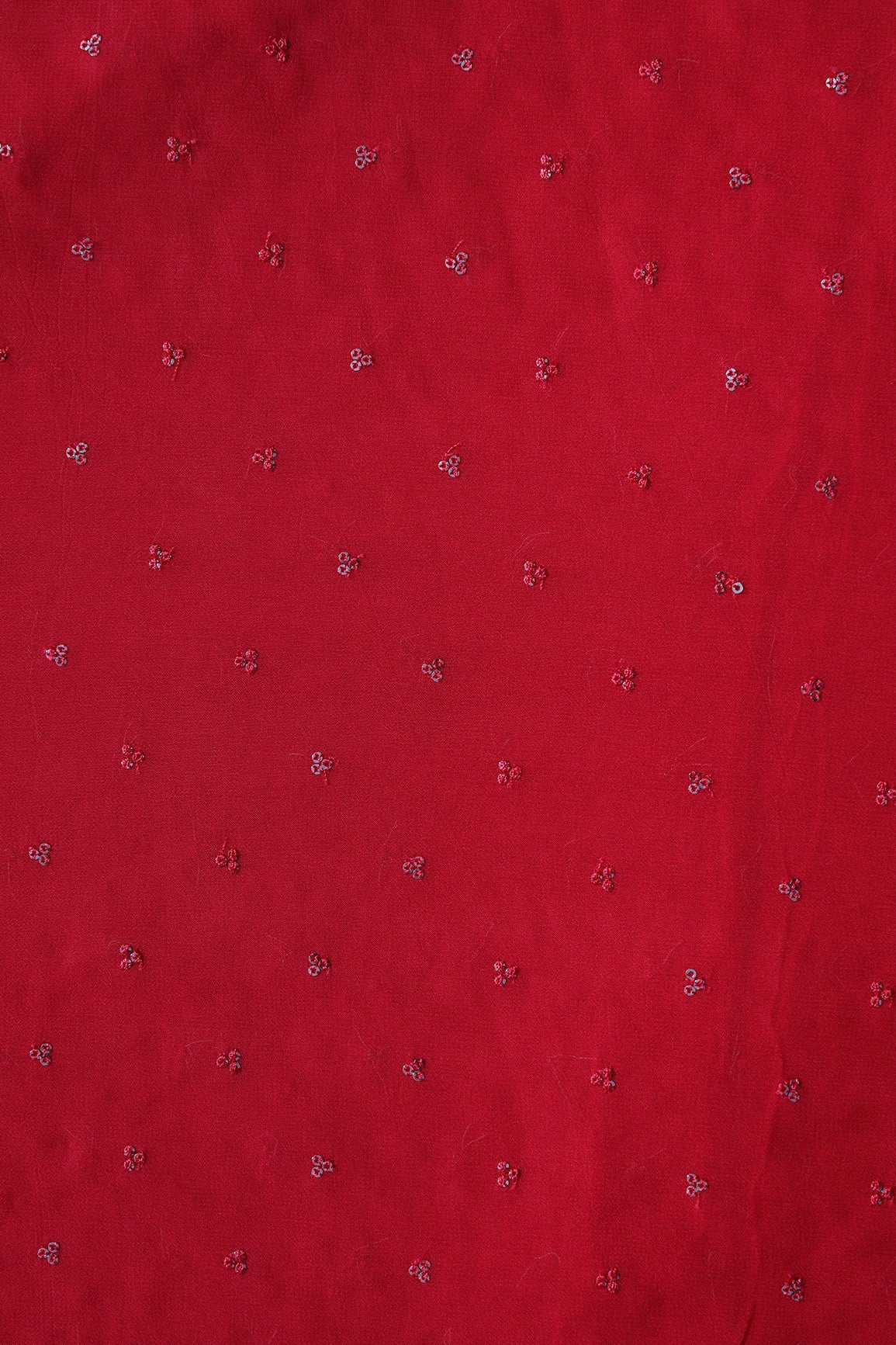 Small Motif Sequins Embroidery On Red Viscose Georgette Fabric - doeraa