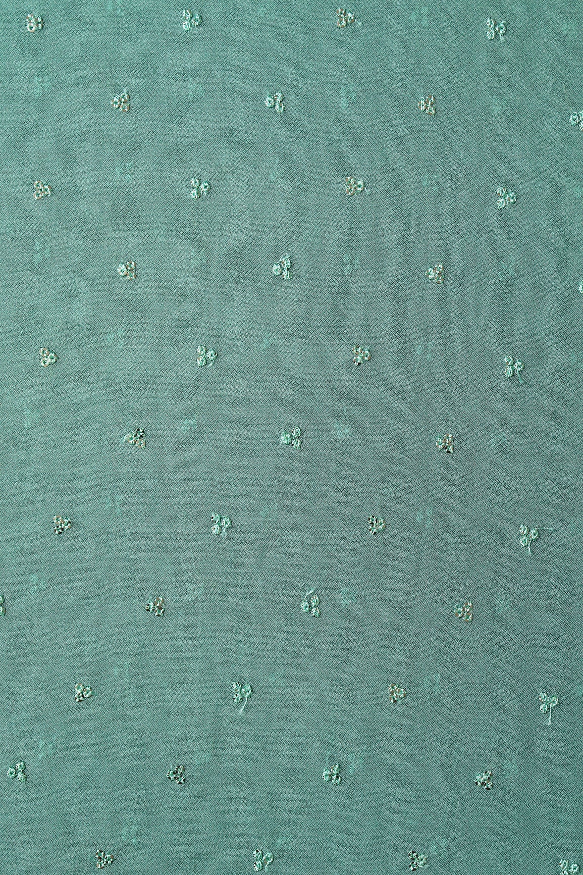 Small Motif Sequins Embroidery On Teal Viscose Georgette Fabric - doeraa