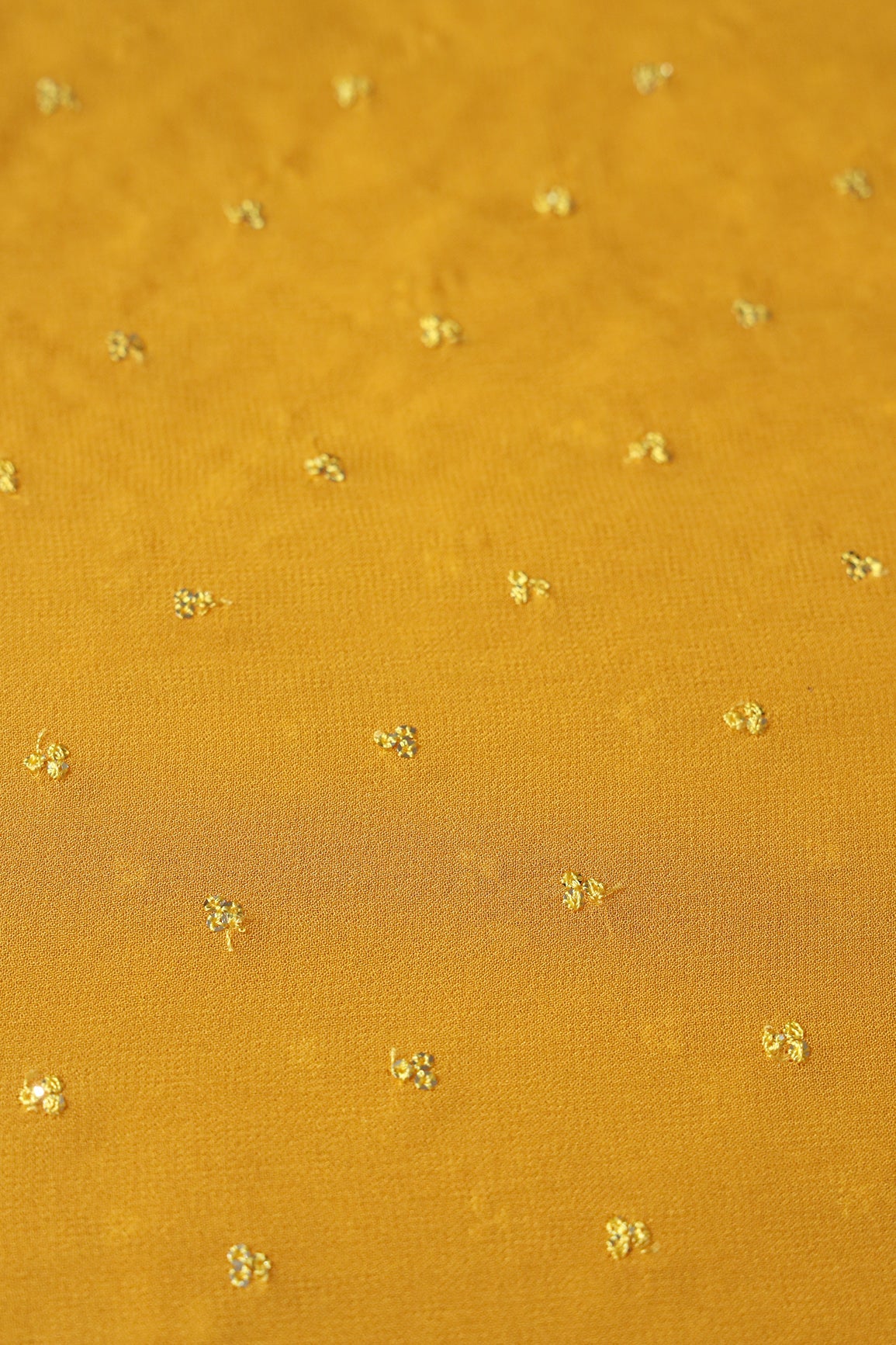 Small Motif Sequins Embroidery On Yellow Viscose Georgette Fabric - doeraa