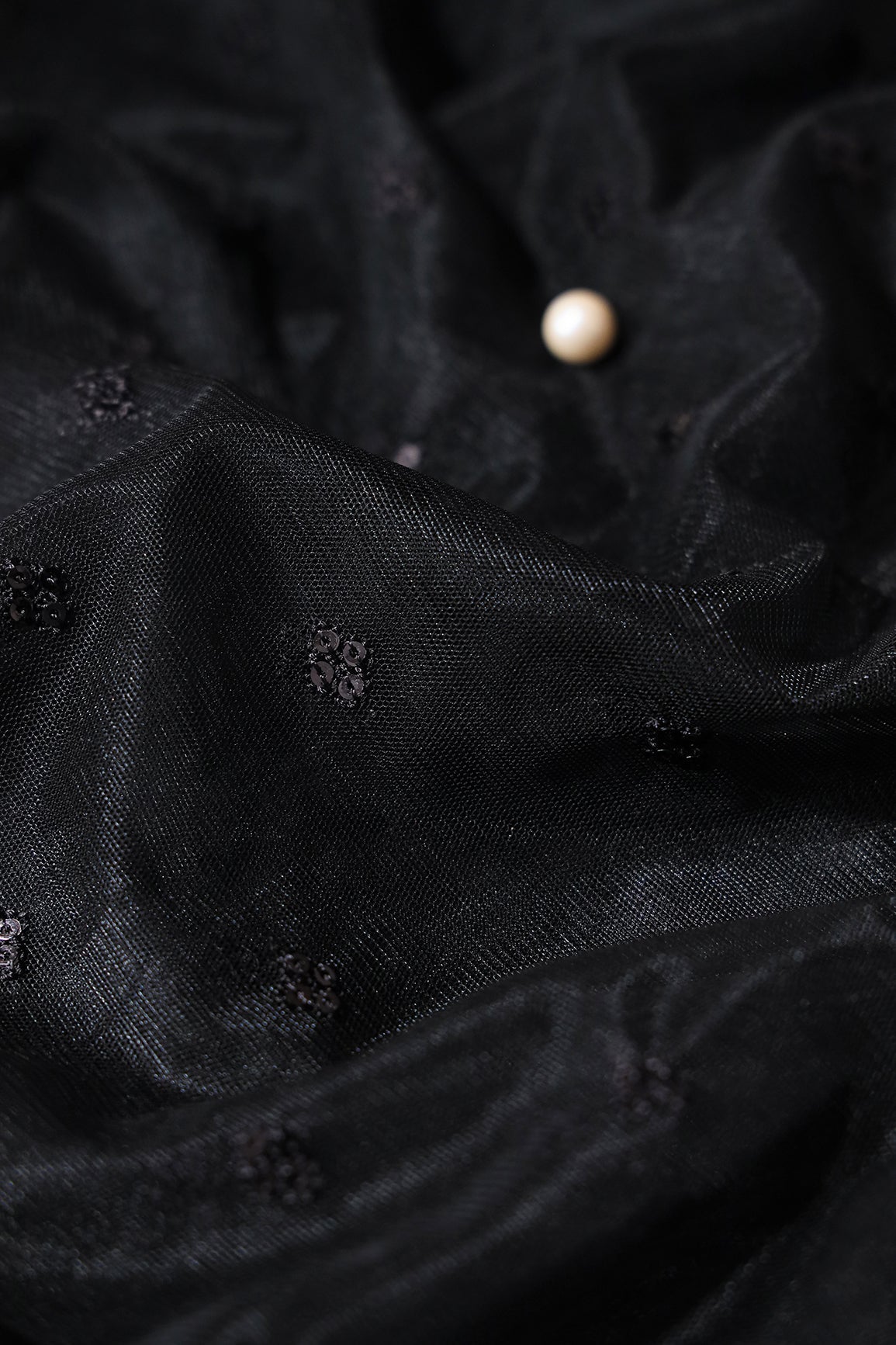 Small Motif Sequins Embroidery Work On Black Soft Net Fabric - doeraa