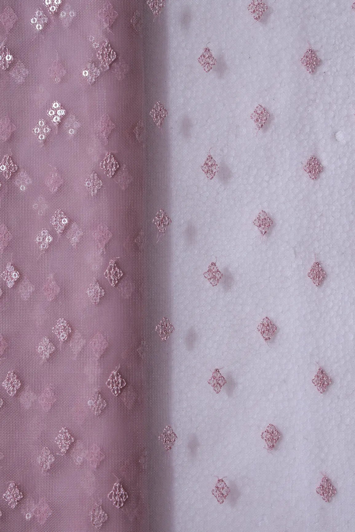 Small Motif Sequins Embroidery Work On Mauve Soft Net Fabric - doeraa