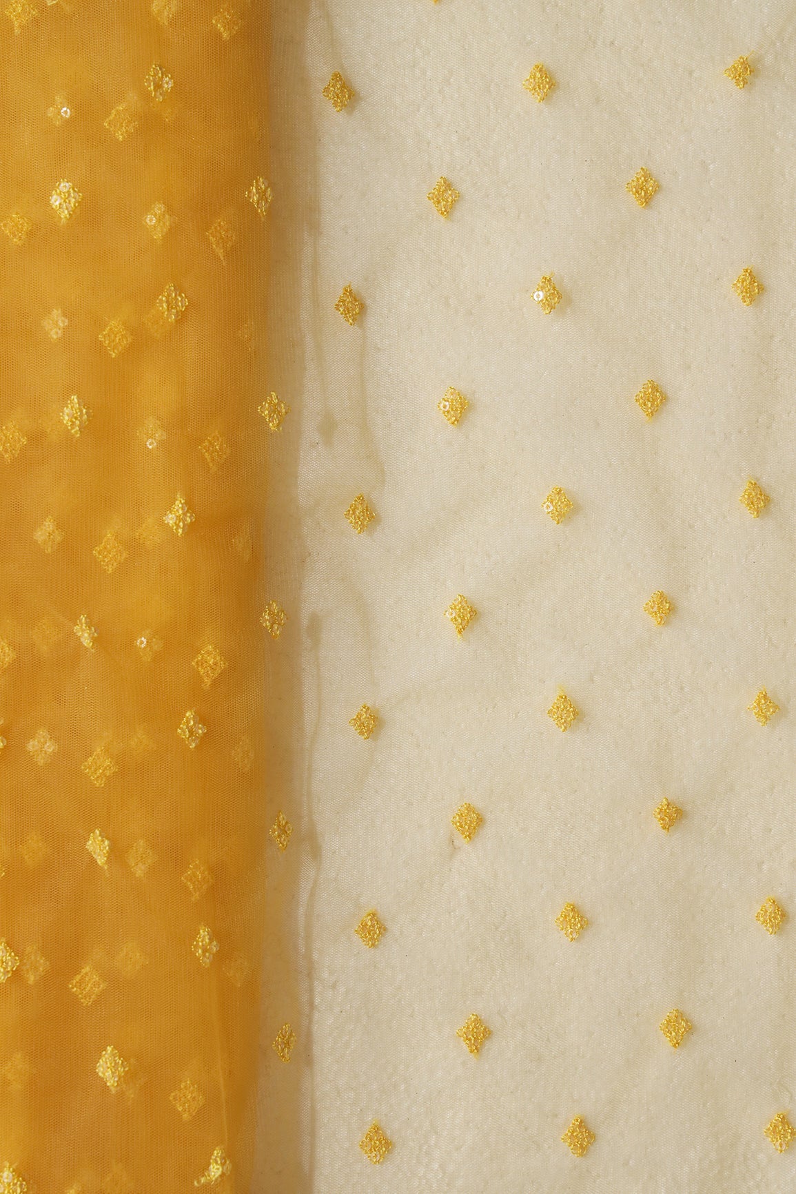 Small Motif Sequins Embroidery Work On Yellow Soft Net Fabric - doeraa