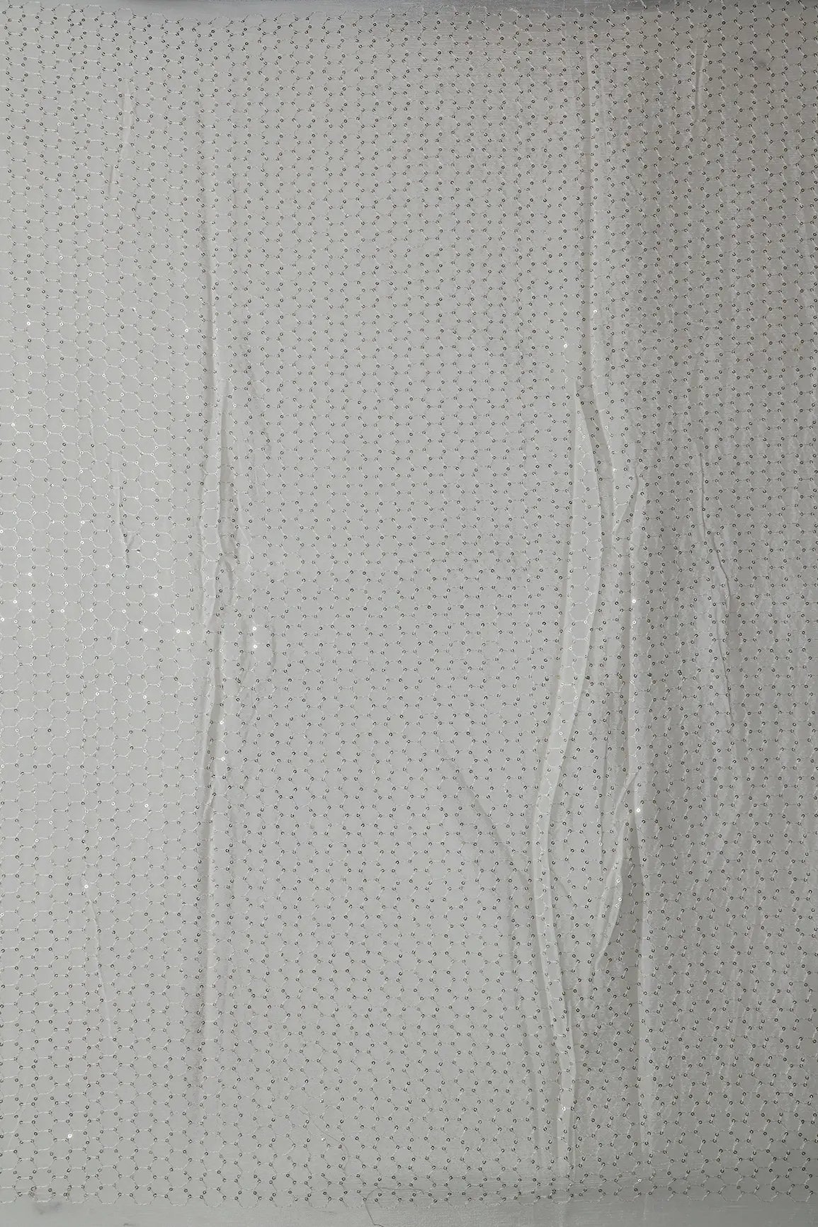 Small Trellis Gold Sequins Embroidery Work On White Dyeable Chinnon Chiffon Fabric - doeraa