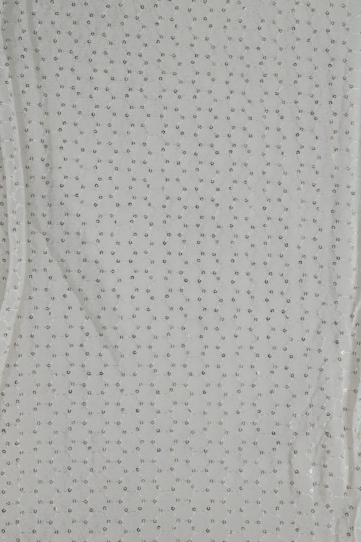 Small Trellis Gold Sequins Embroidery Work On White Dyeable Chinnon Chiffon Fabric - doeraa