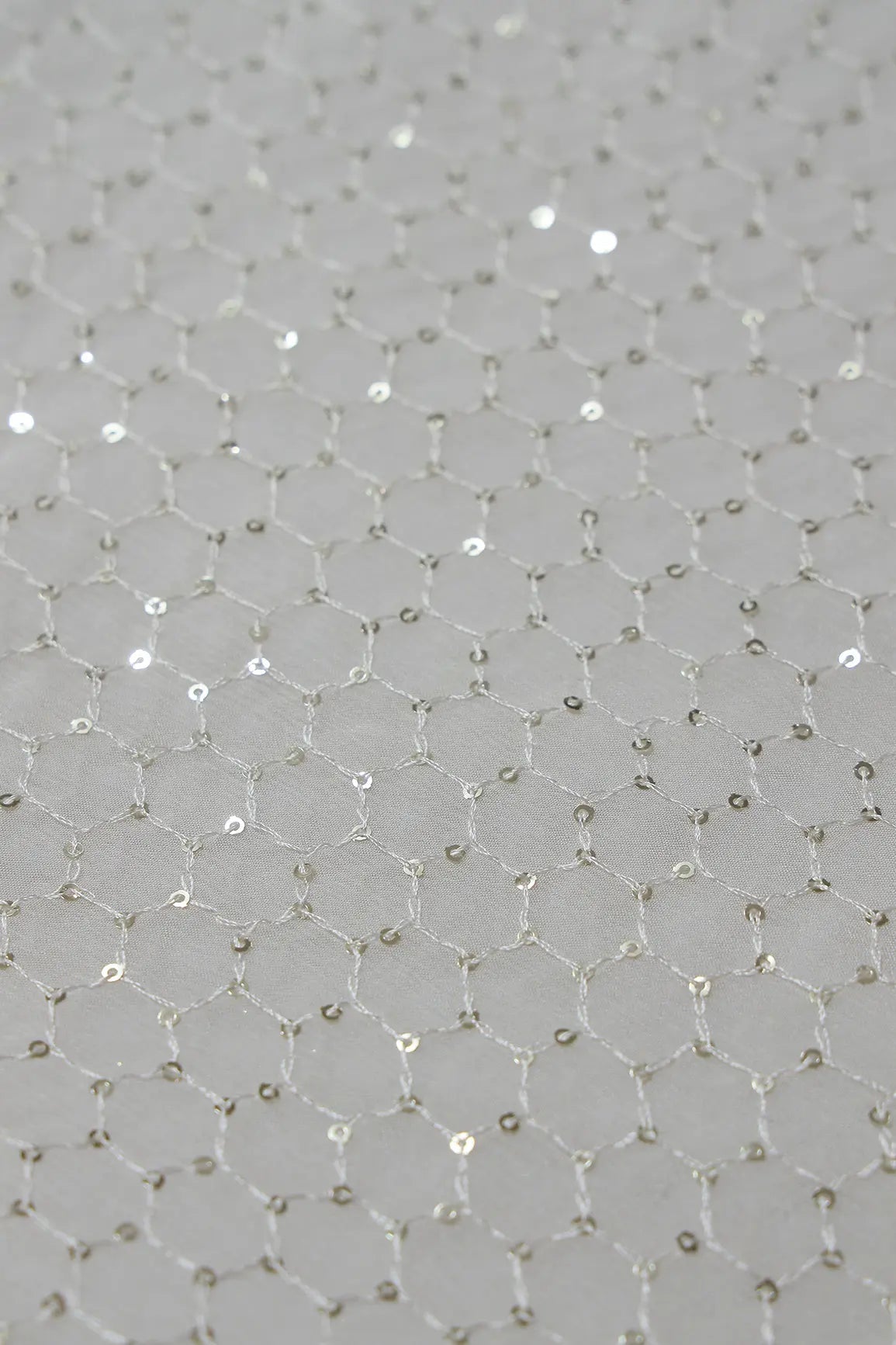 Small Trellis Gold Sequins Embroidery Work On White Dyeable Chinnon Chiffon Fabric - doeraa