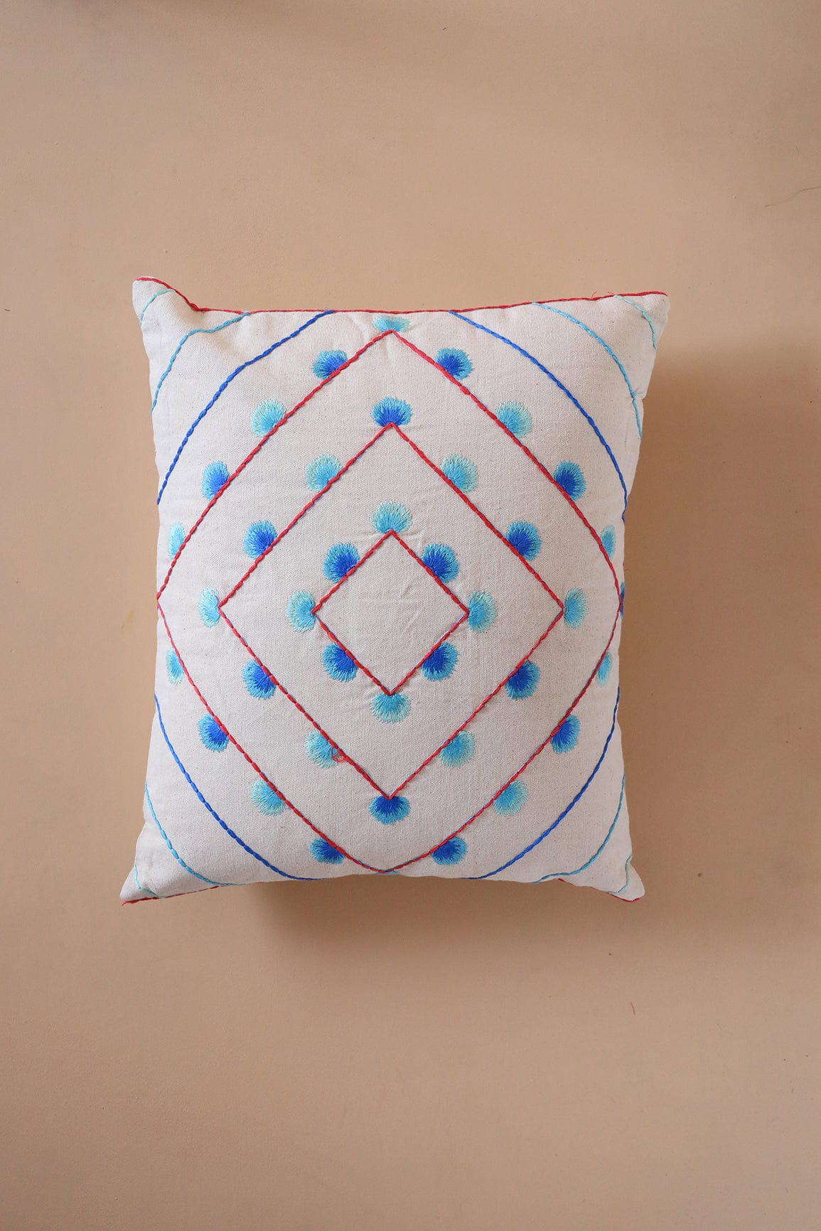 Subtle Blue Embroidery on Off White cotton Cushion Cover (16*16 inches) - doeraa