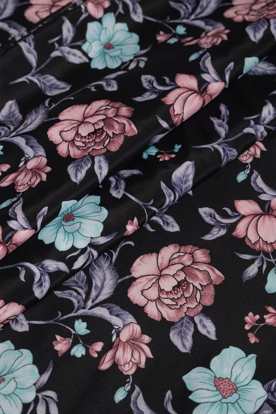 Teal And Brown Floral Pattern Digital Print On Black Crepe Fabric - doeraa